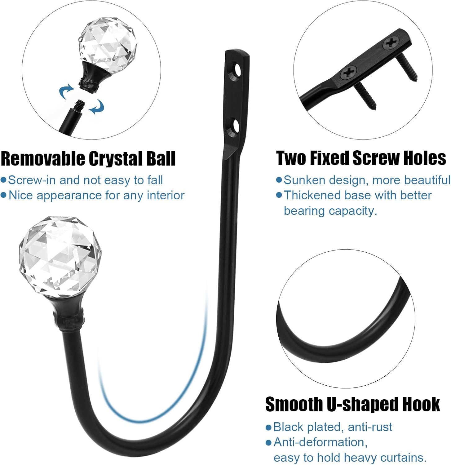 Crystal Curtain Holdbacks - Wall Mounted Decorative Curtain Pull Backs for Drapes - Metal Heavy Duty Window Treatment - U Shaped - Black 2 Pack