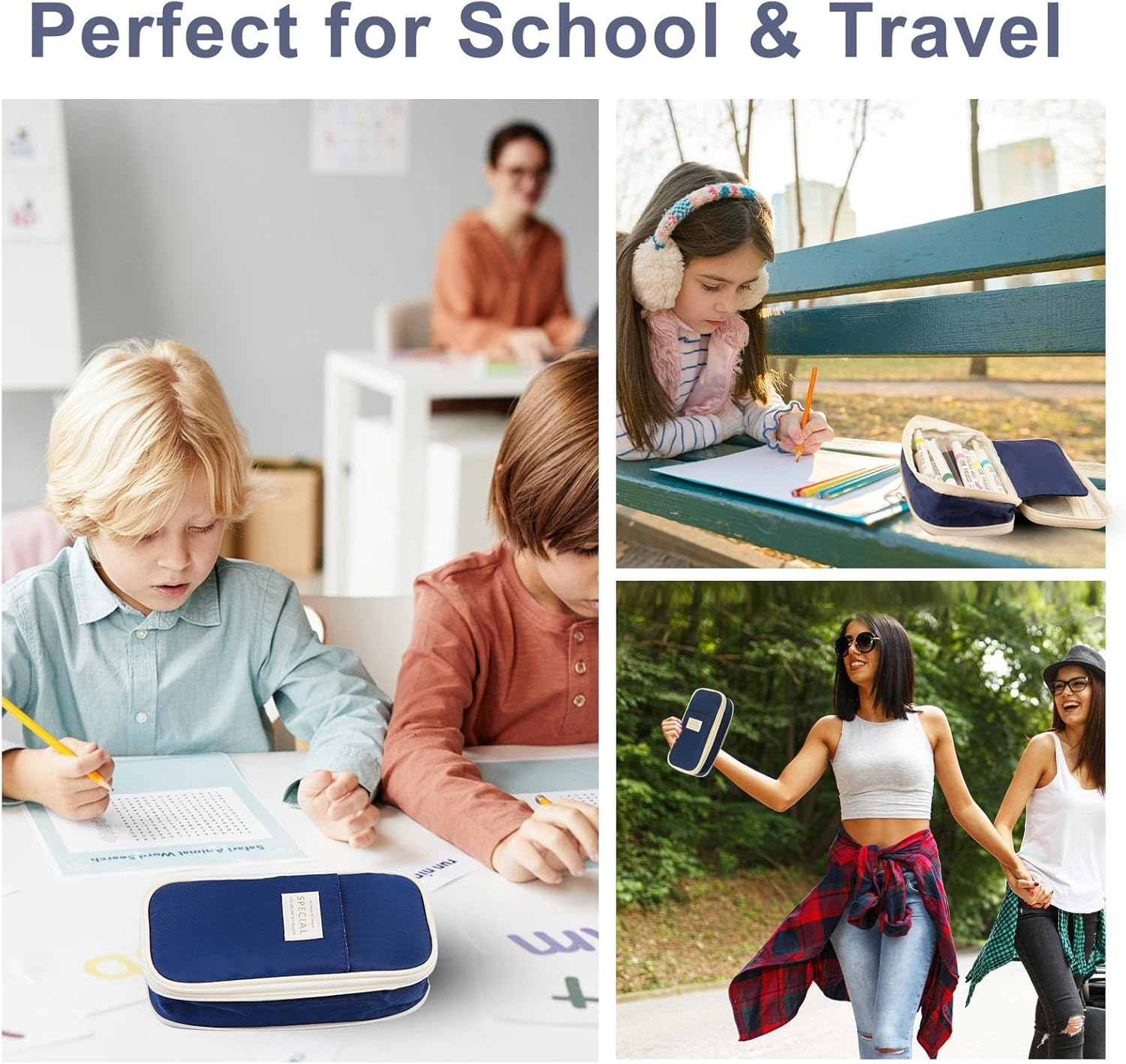 Cute Pencil Case Large Capacity - Expandable Pencil Pouch for Women and Girls, Durable Pencil Bag Pen Case Organizer, Kawaii Pencil Case Pouch for School Supplies & Gift (Blue) image number 2