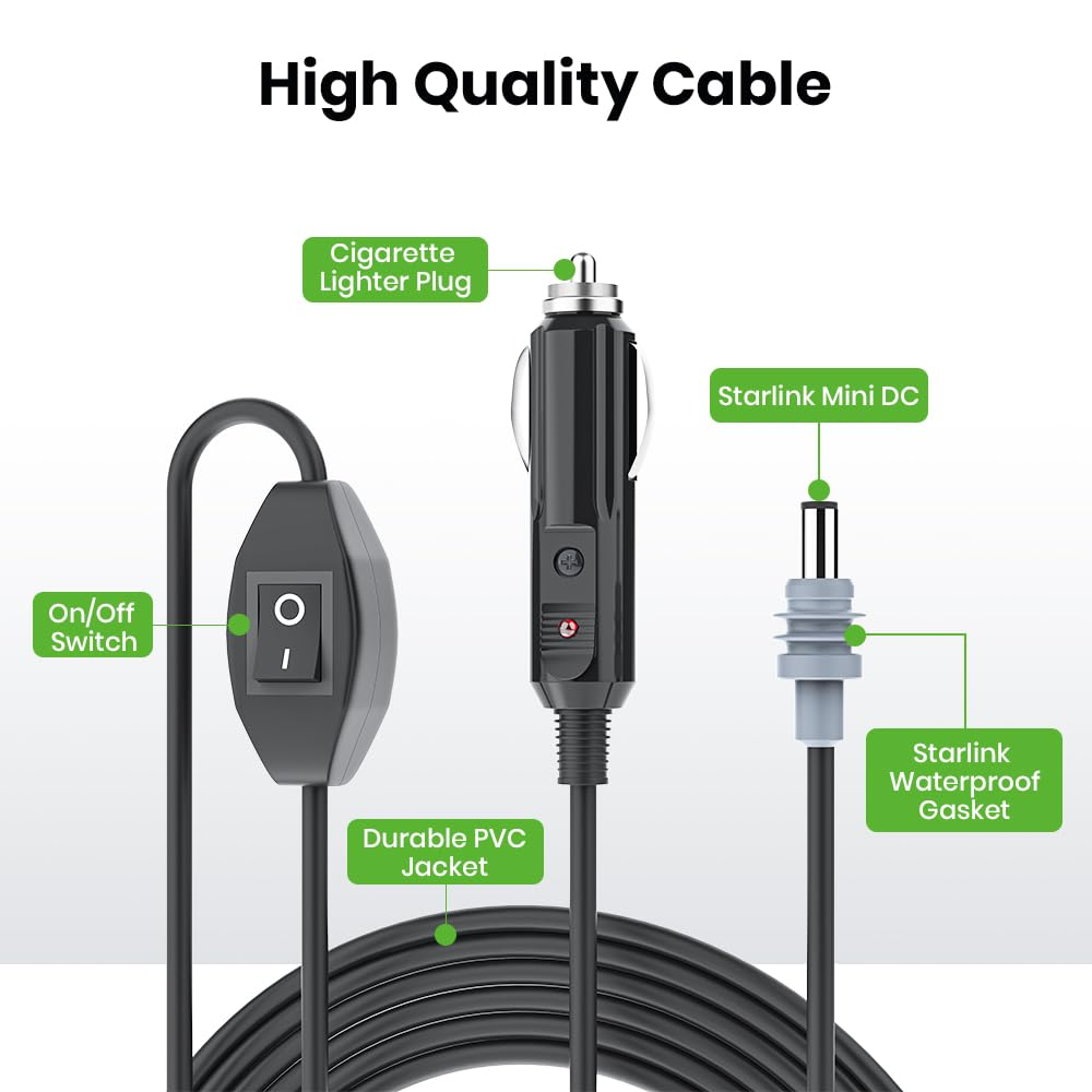 Starlink Mini Car Charger,3M/10Ft Starlink Mini Power Cable Direct to Cigarette 12V-24V Adapter with Switch,Dc Male to Cigarette Lighter Plug and Play (CB7) image number 5