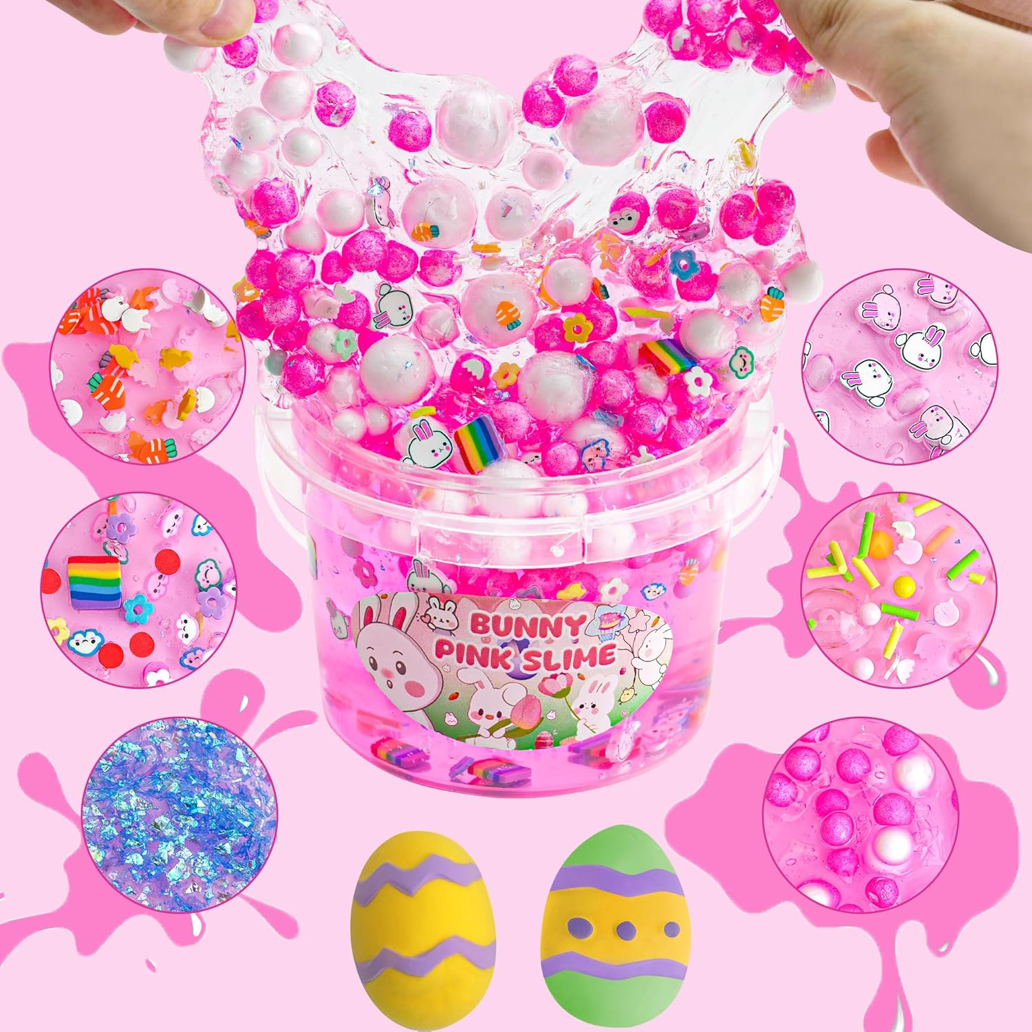 Bunny Clear Slime 300Ml, Pink Clear Slime Kit for Girls Ages 8-12 with 8 Add-Ins, Slime for Kids Party Favors, Non Stick Slime with Easter Eggs Clay, Birthday Halloween Christmas image number 3