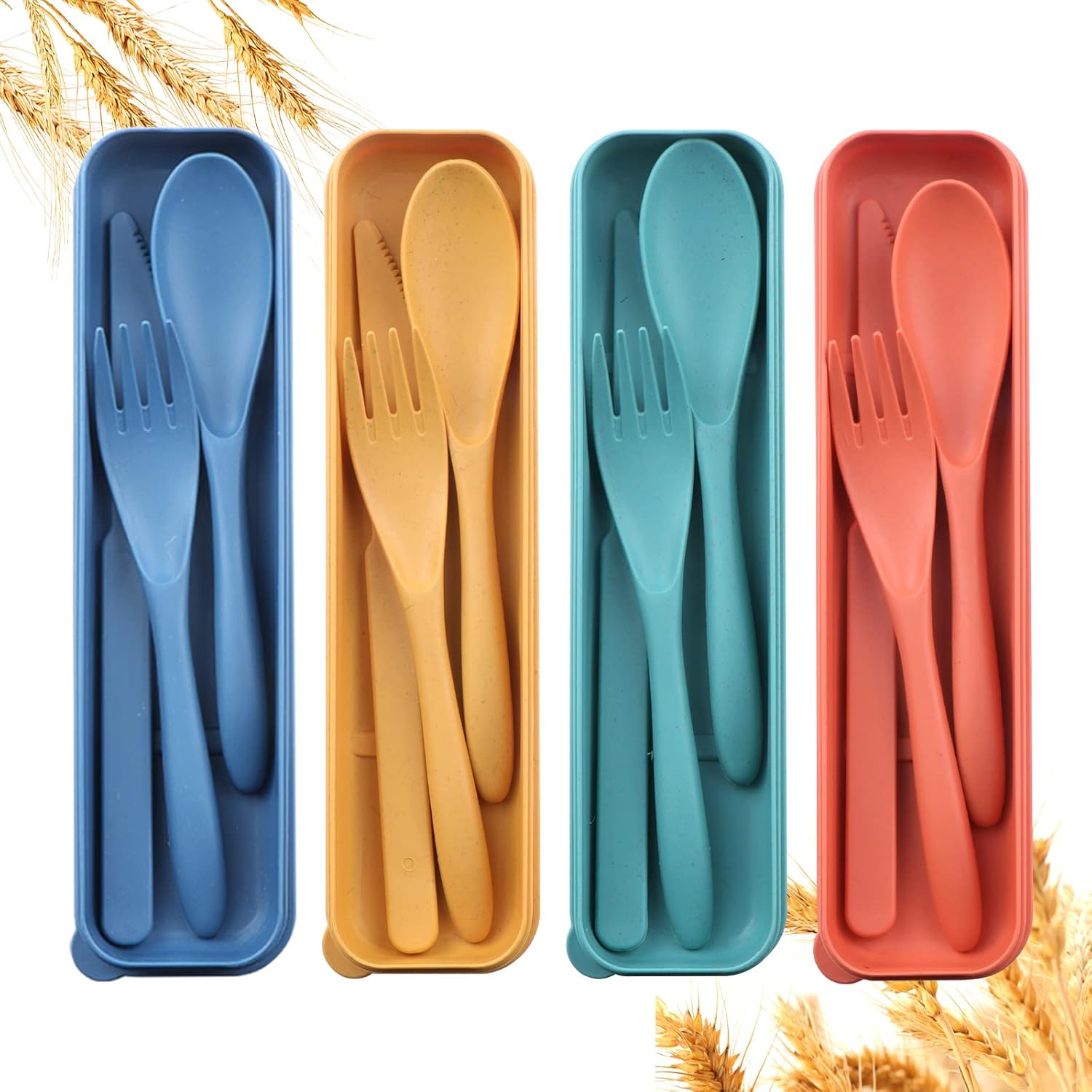 Reusable Travel Utensils Set with Case, 4 Sets Wheat Straw Portable Plastic Fork Spoons Knife Camping Cutlery, Eco-Friendly BPA Free Lunch Tableware Travel Picnic Silverware for Kids Adults Daily Use image number 4