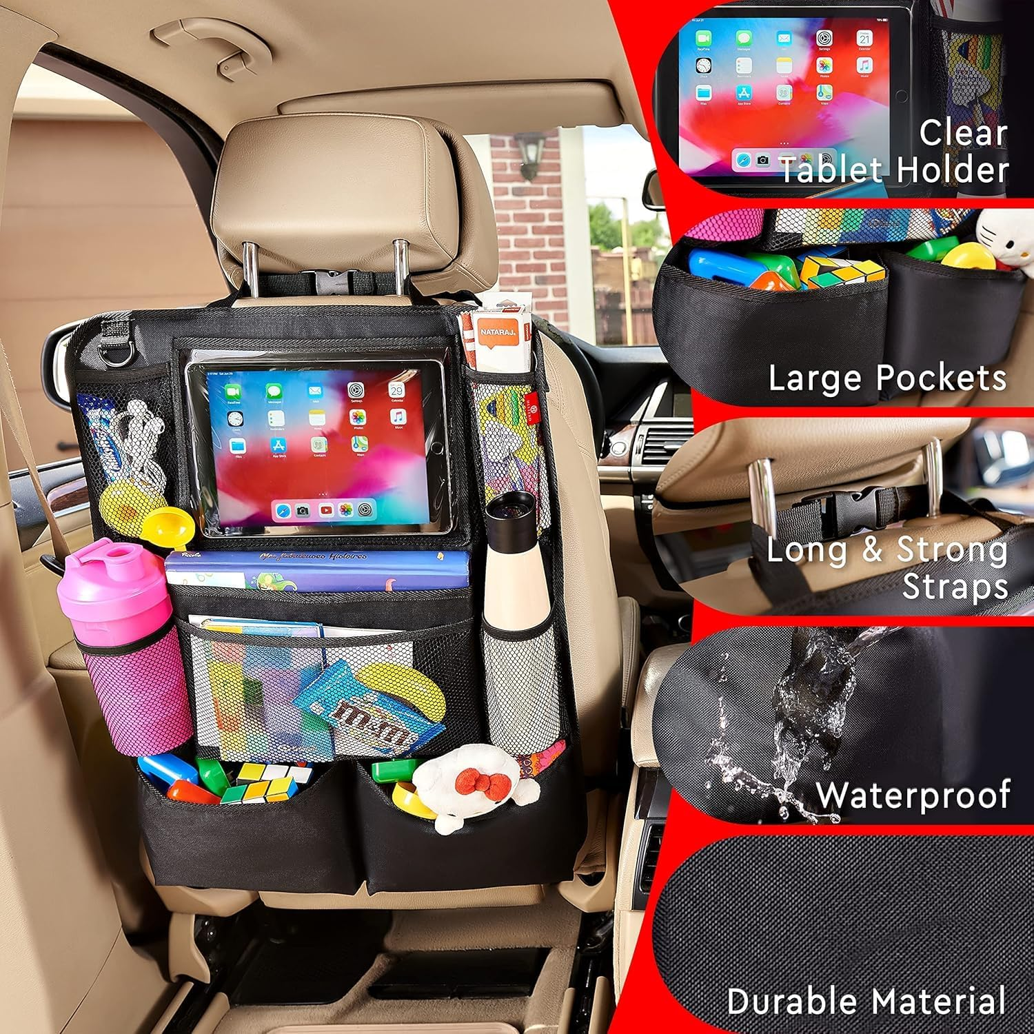 2-Pack Car Backseat Organizer with 9 Storage Pockets & Tablet Holder &ndash; Kick Mats Rear Seat Protector for Kids, Black &ndash; Travel Accessories image number 2