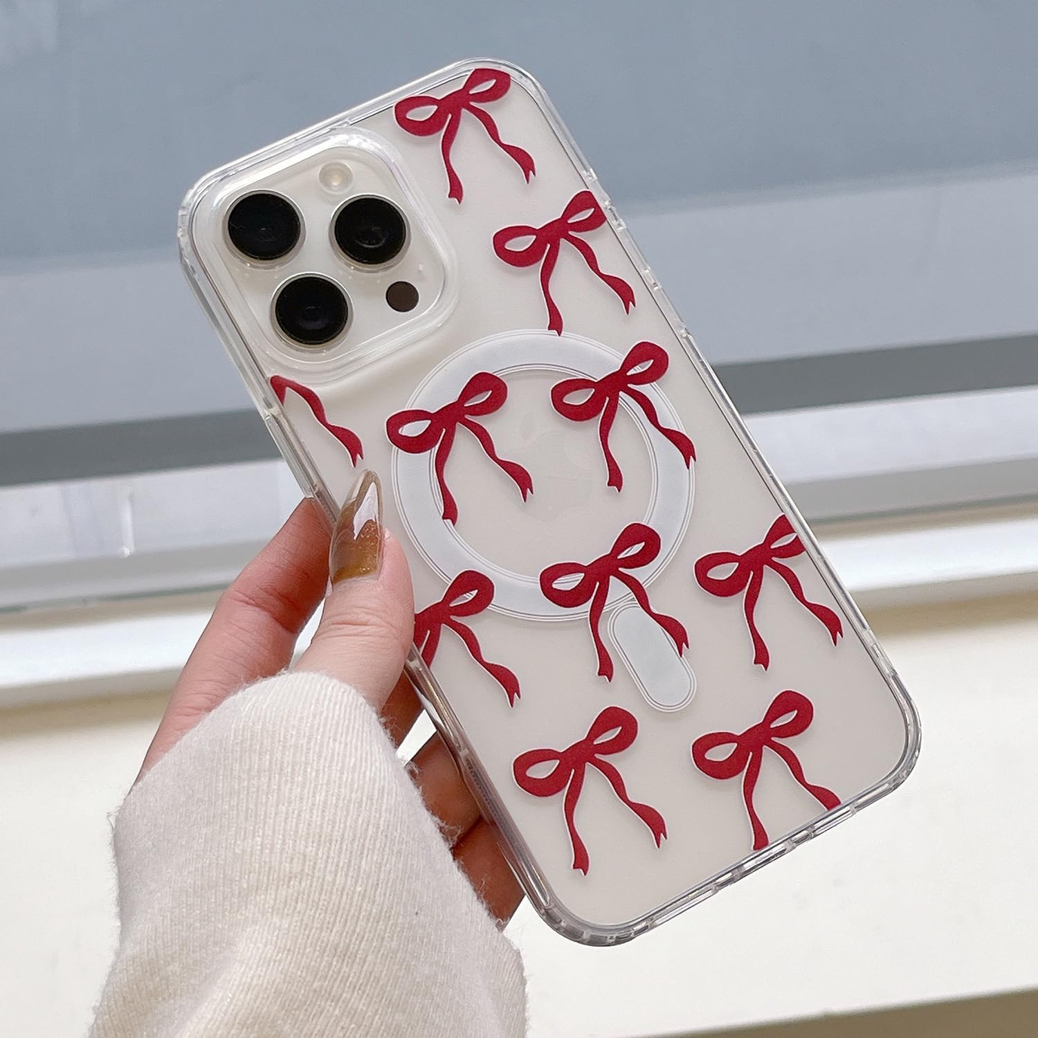 UEEBAI Magnetic for Iphone 14 Case & Iphone 13 Case, Bow Case Compatible with Magsafe, Wireless Slim Clear Ribbon Phone Case Anti-Yellowing Shockproof Protective Cover for Women Girl - Pink