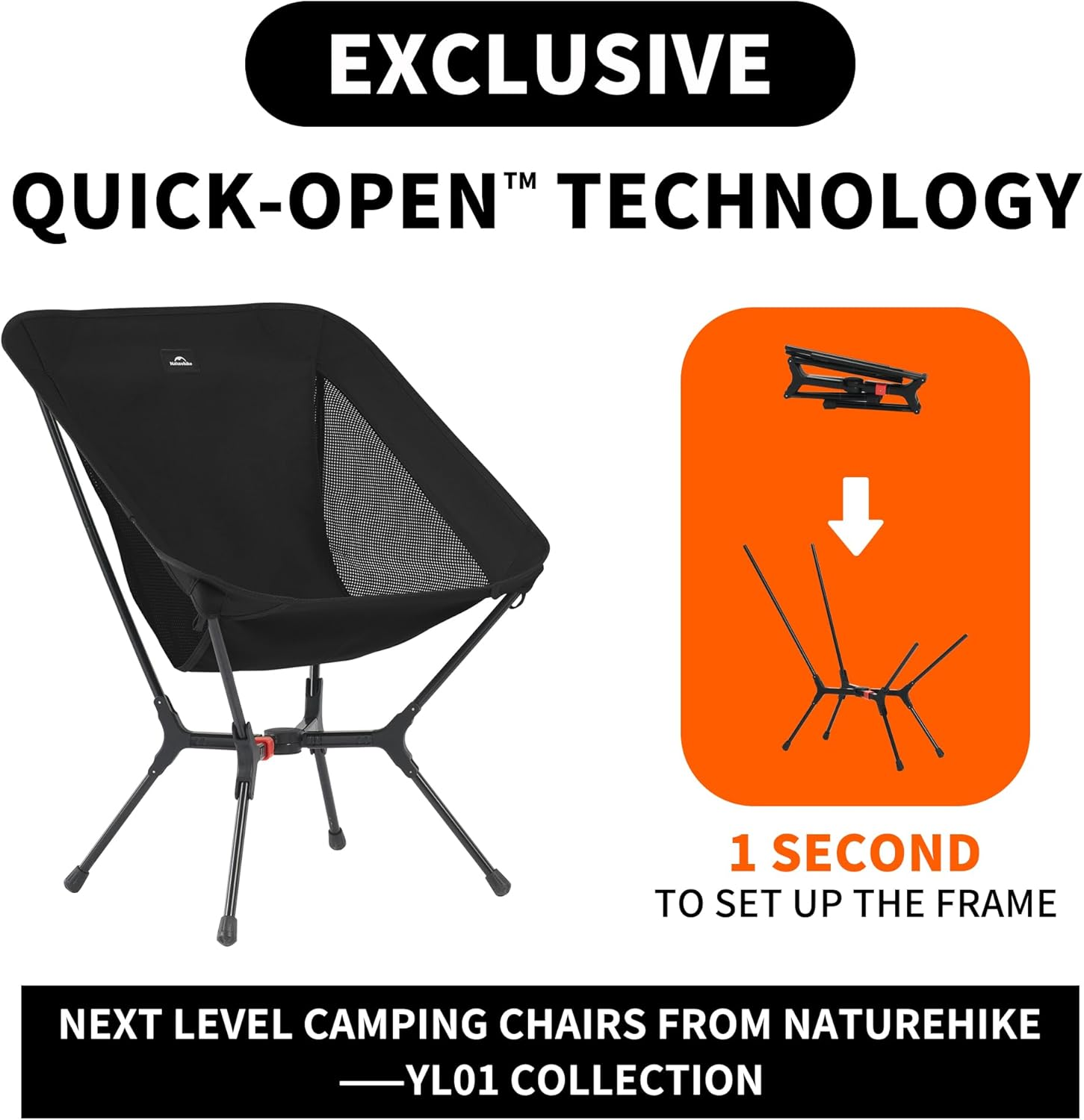 Naturehike YL01 Chair, Lightweight Camping Chair, New Structure Design Portable (Black) - Black image number 5