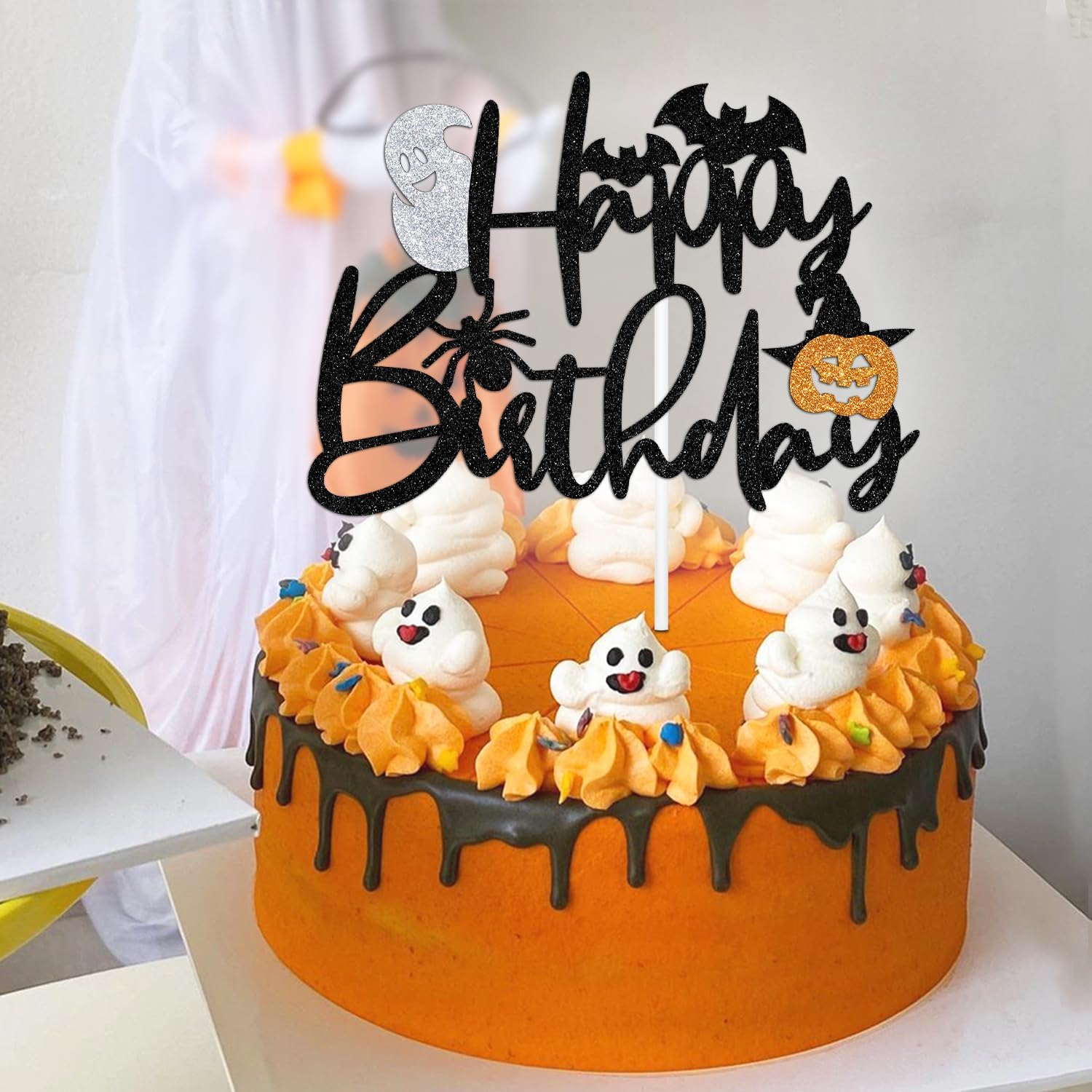 Halloween Happy Birthday Cake Topper, Halloween Spooky Birthday Decorations, Pumpkin Bat Spider Horror Ghost House Halloween Birthday/Baby Shower Party Decoration Supplies for Kids Adults image number 3