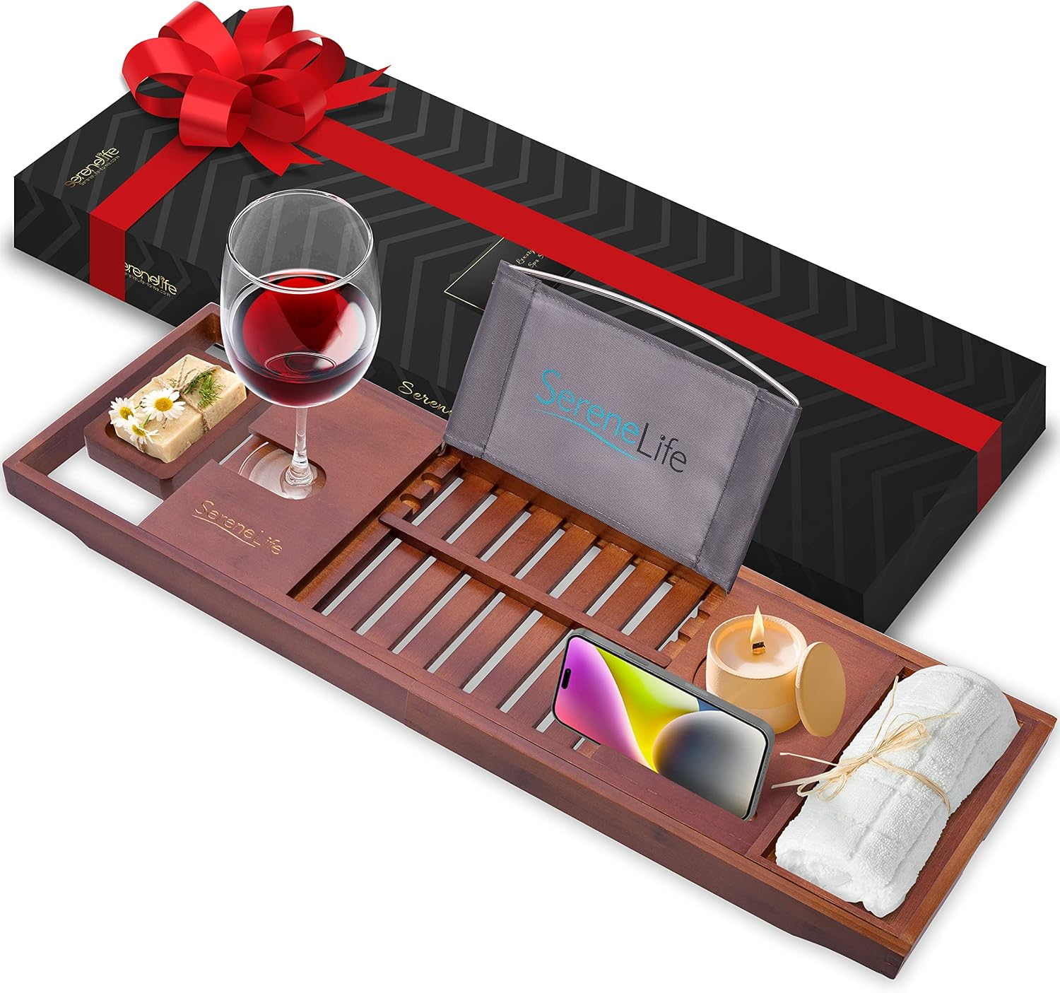 Serenelife Bamboo Bathtub Caddy Tray &ndash; Expandable, Adjustable Bath Shelf with Book/Tablet Holder & Removable Accessory Trays (Natural Finish)