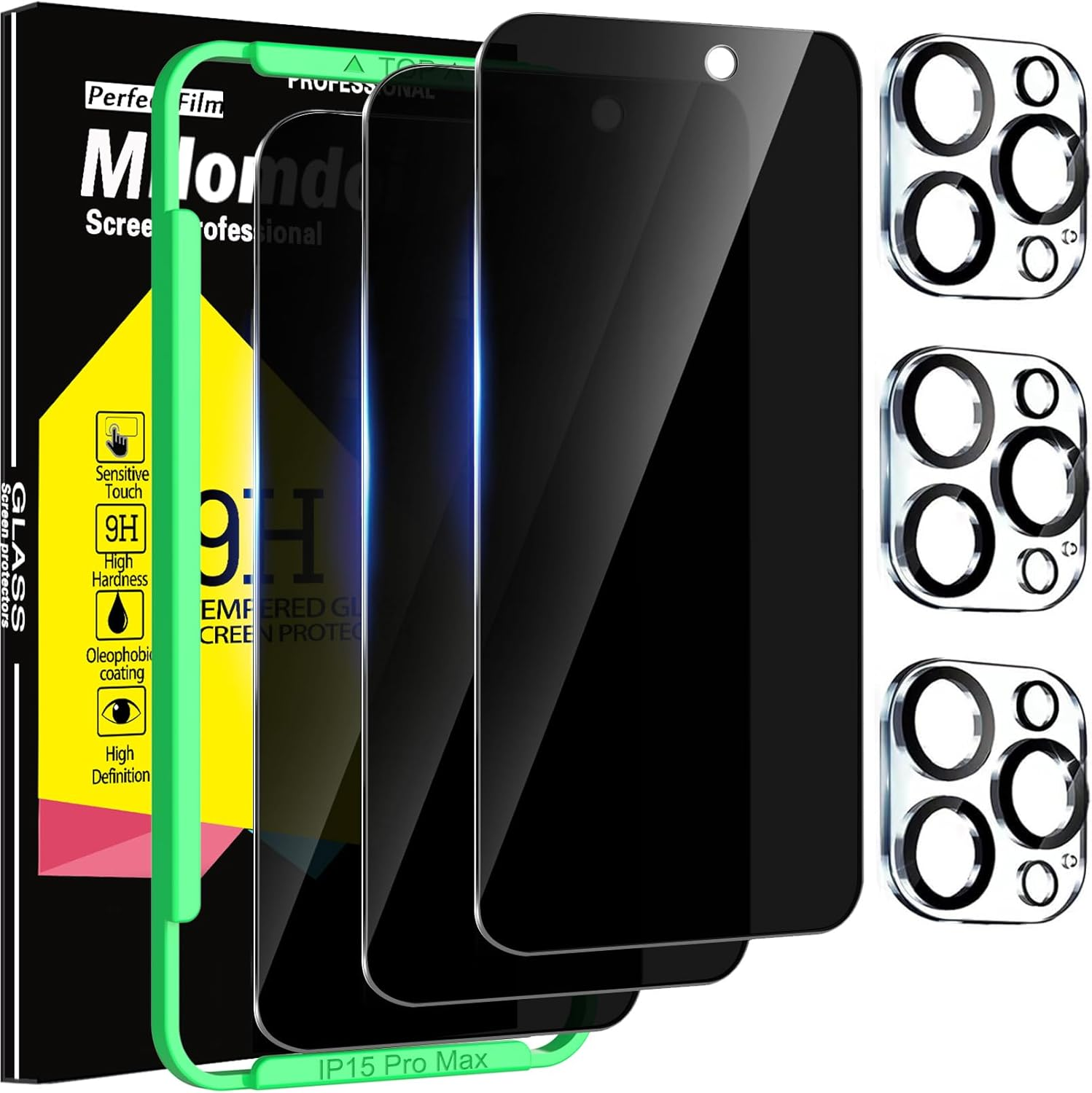 Milomdoi 4 Pack Privacy Screen Protector for Apple Iphone 15 Pro Max with 4 Pack Tempered Glass Camera Lens Protector, Ultra 9H Accessories, Case Friendly, Mounting Frame, 2.5D Curved, Black