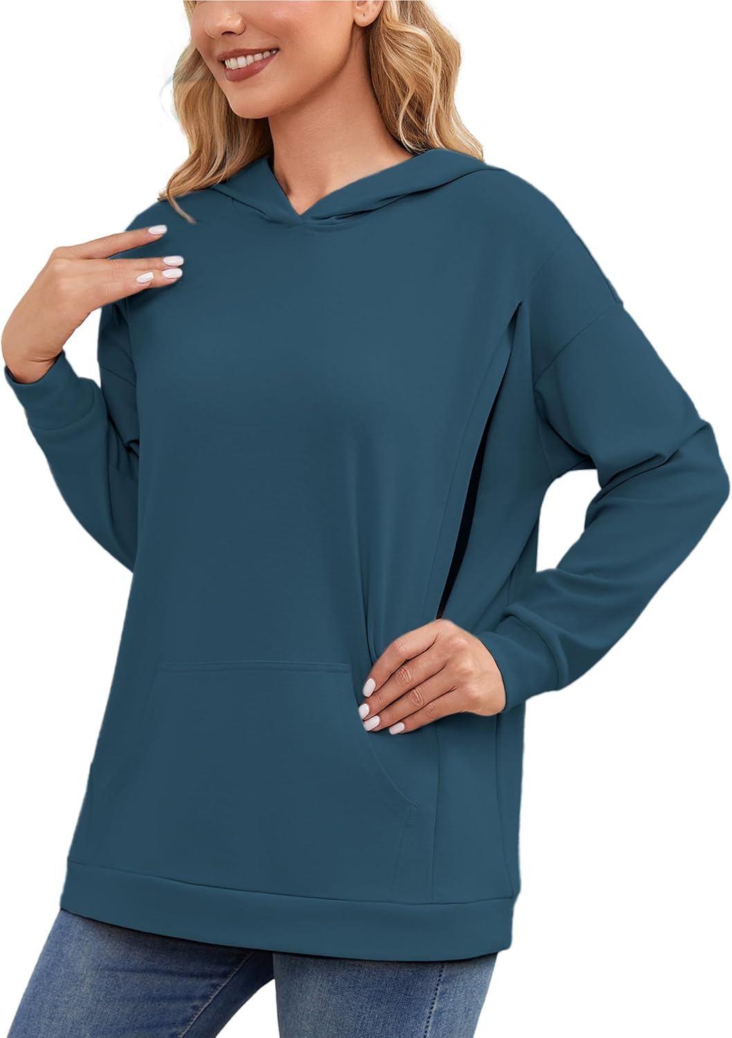 Ecavus Women'S Maternity Nursing Sweatshirt Hidden Zipper 2025 Long Sleeves Oversize Breastfeeding Pullover Tops with Pockets
