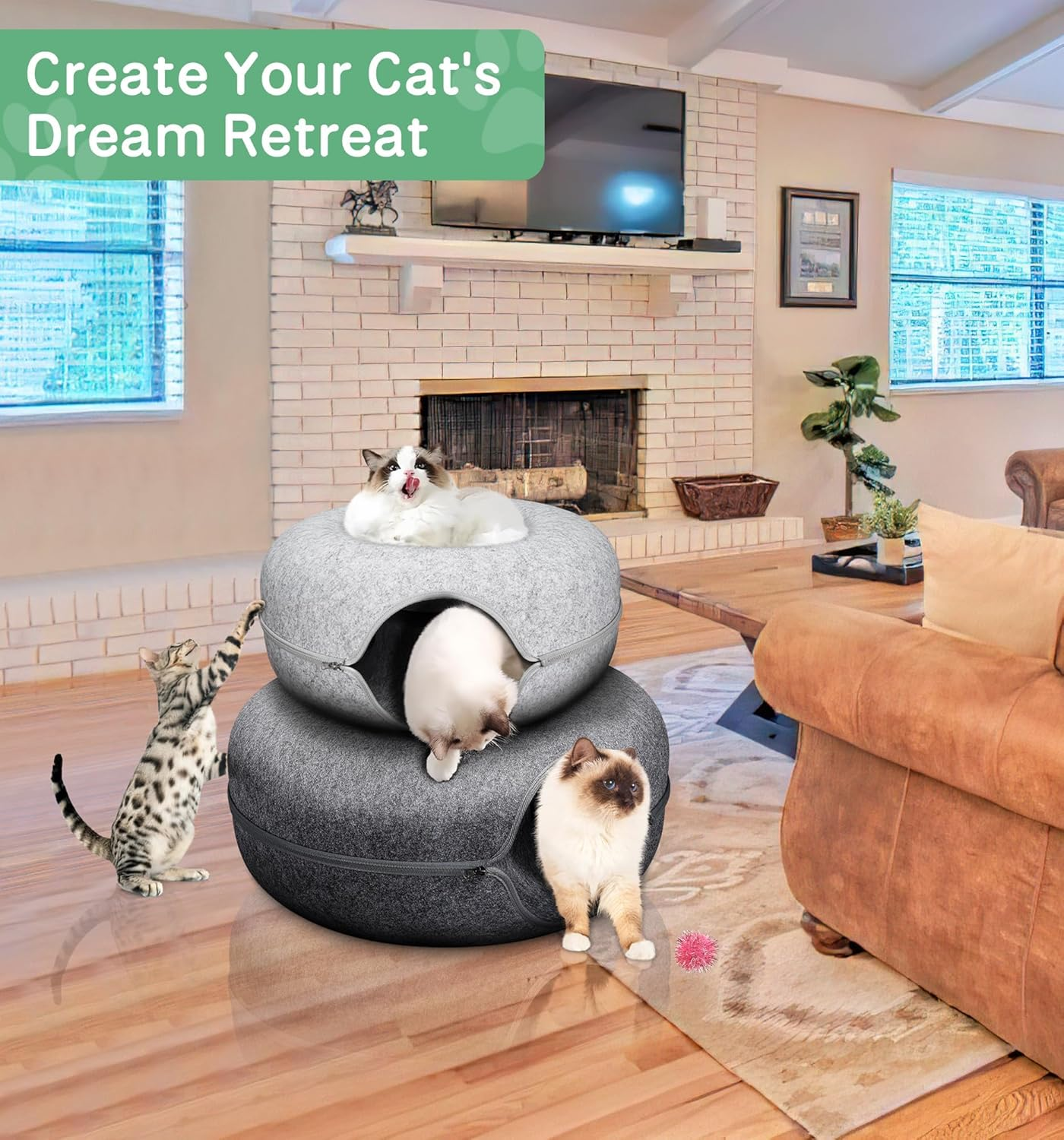 Cat Cave for Multiple/Large Cats up to 9 Lbs, Tunnel Bed, Scratch Detachable and Washable Large Donut Bed (Light Grey, L (24 * 24 * 11Inch)) image number 1