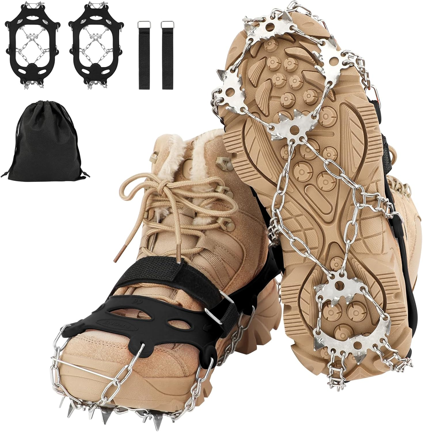 KOMCLUB Crampons Ice Cleats for Snow Boots and Shoes Traction Grips Women Men anti Slip 19 Stainless Steel Spikes Safe Protect for Hiking Walking Fishing Climbing Mountaineering Jogging L/XL image number 1