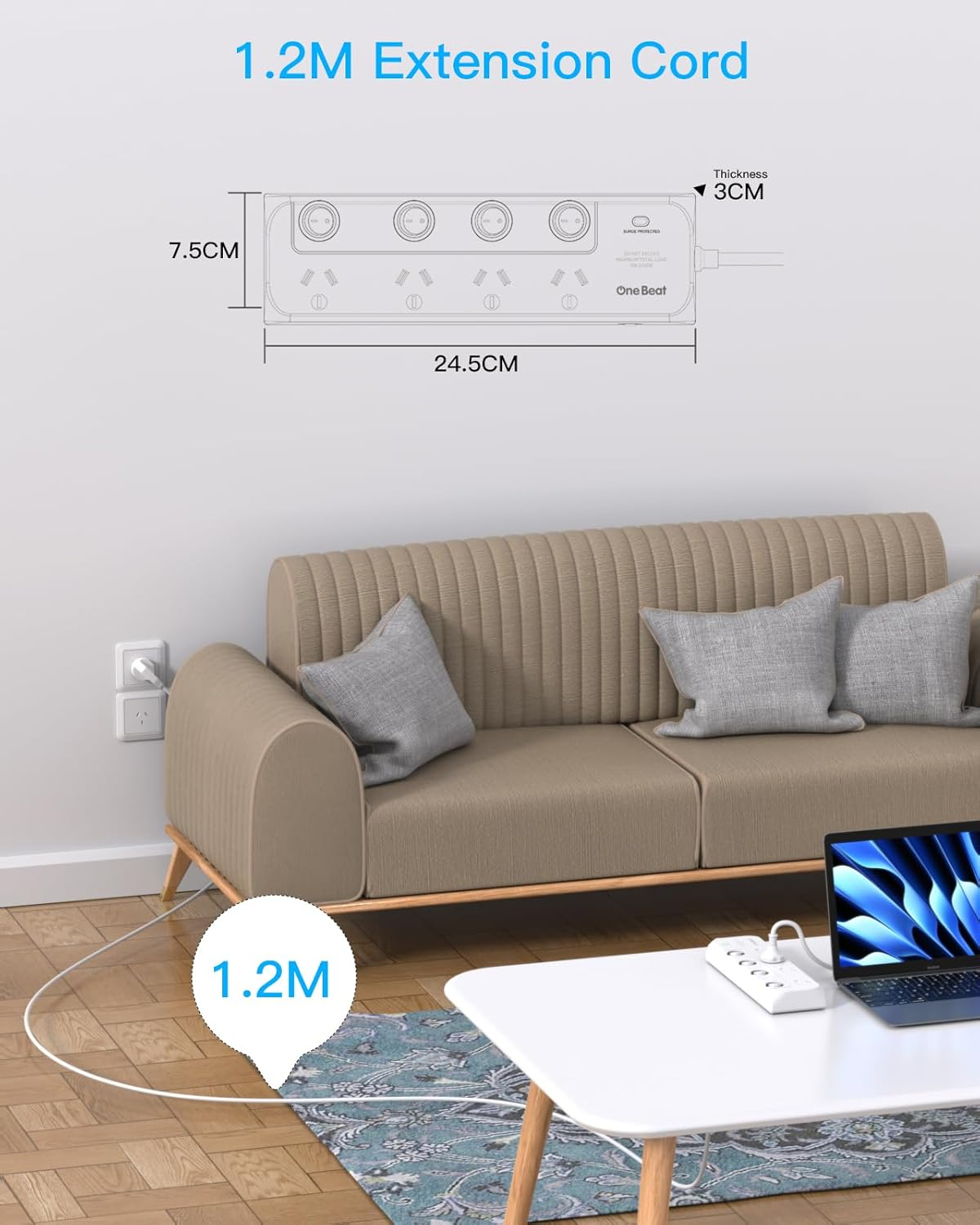 Power Board Surge Protector with Individual Switch,Power Strip with 4 AC Outlets, 1.2M Extension Cord 350 Joules Powerboard,Extension Board Wall Mount for Home,Dorm Room and Office