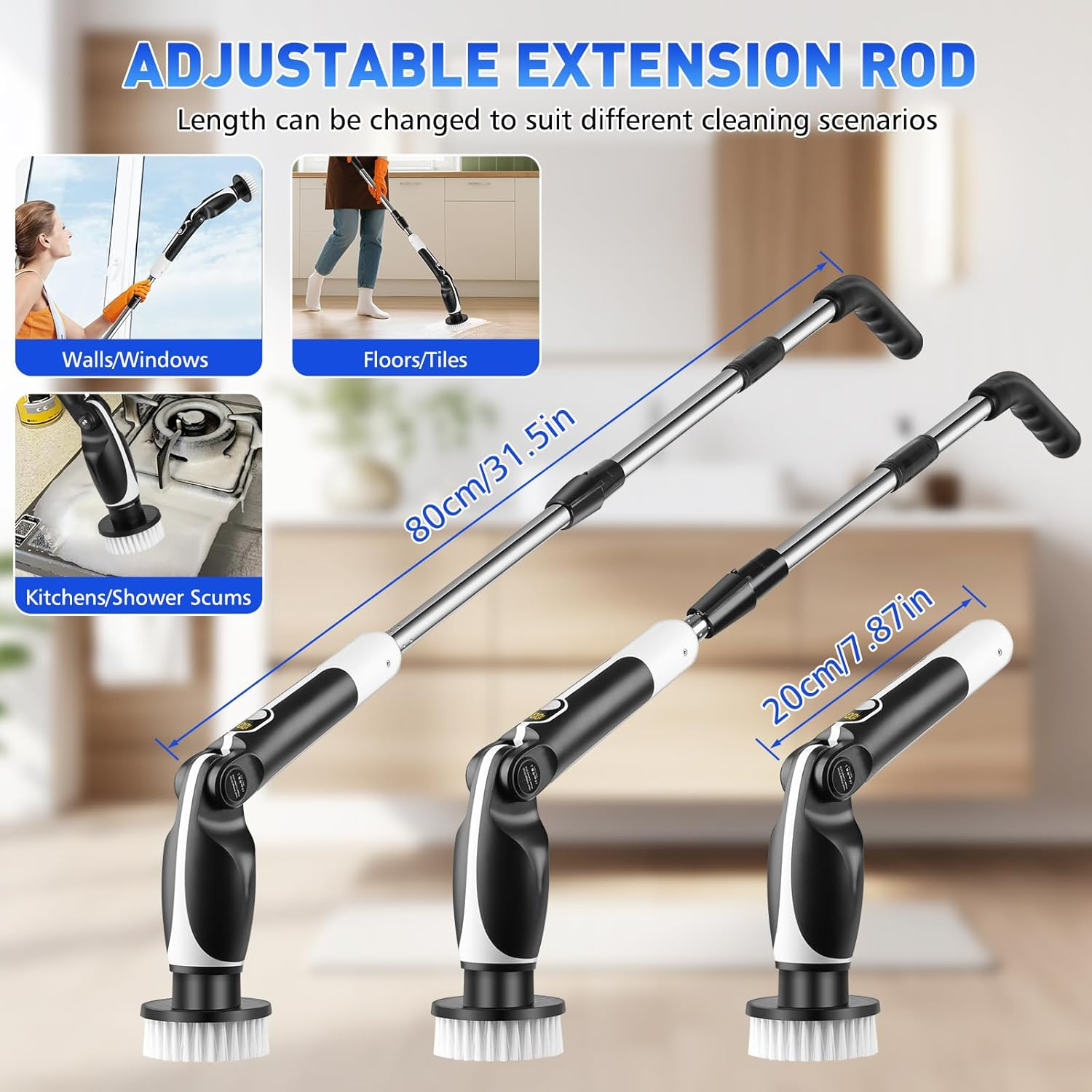 Electric Pin Scrubber: Cordless Electric Cleaning Brush with 9 Replaceable Brush Heads, 3 Speed Shower Power Scrubber with Adjustable Handle, for Floor Wall Tile Car Sink Shower Tub Bathroom image number 3