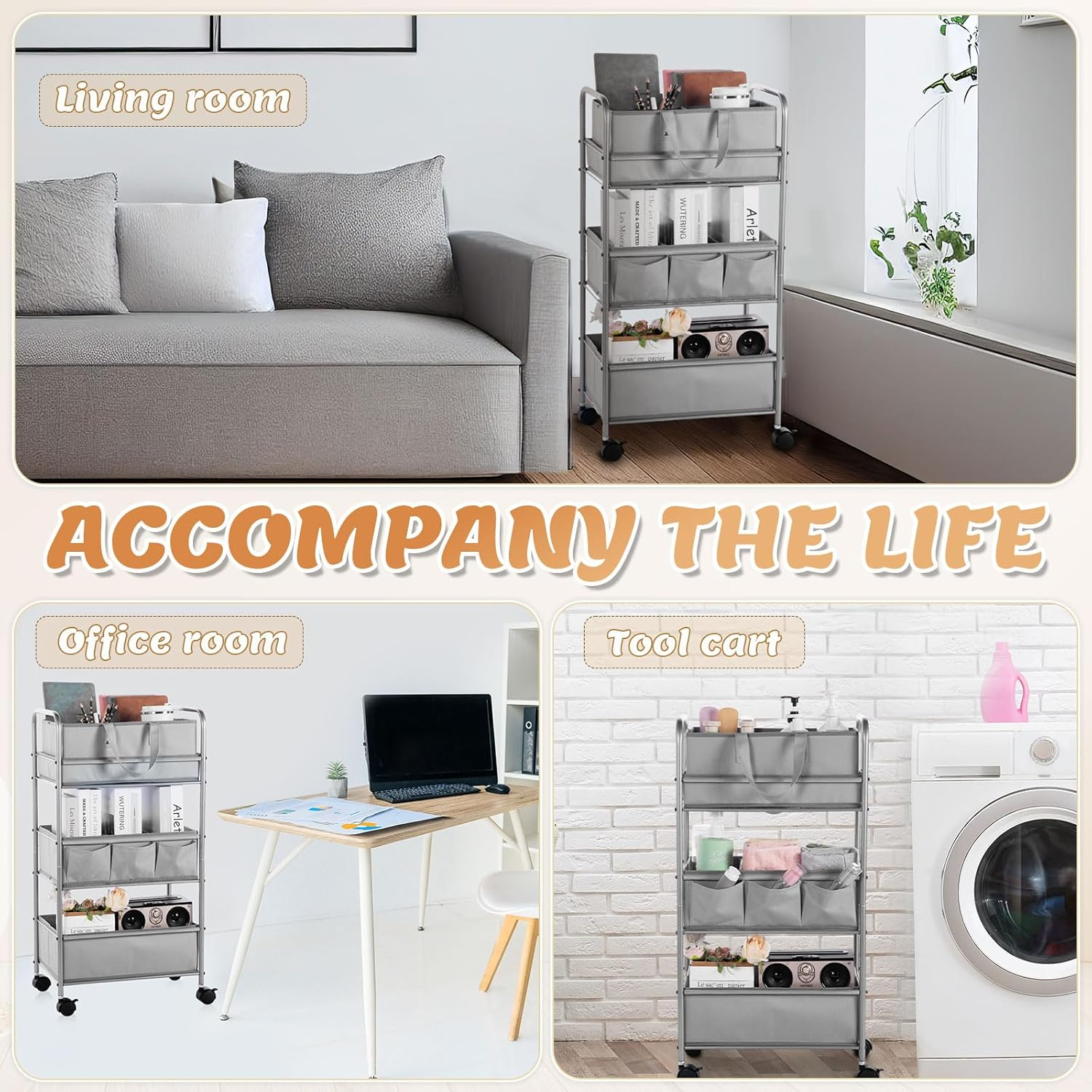 Honeydak 2In1 Baby Diaper Caddy Organizer Cart 3 Tier Large Capacity Metal Utility Bedside Rolling Cart with Divider for Newborn Nursery Essential Must Have for Crib Bedroom Baby Shower(Gray) image number 5