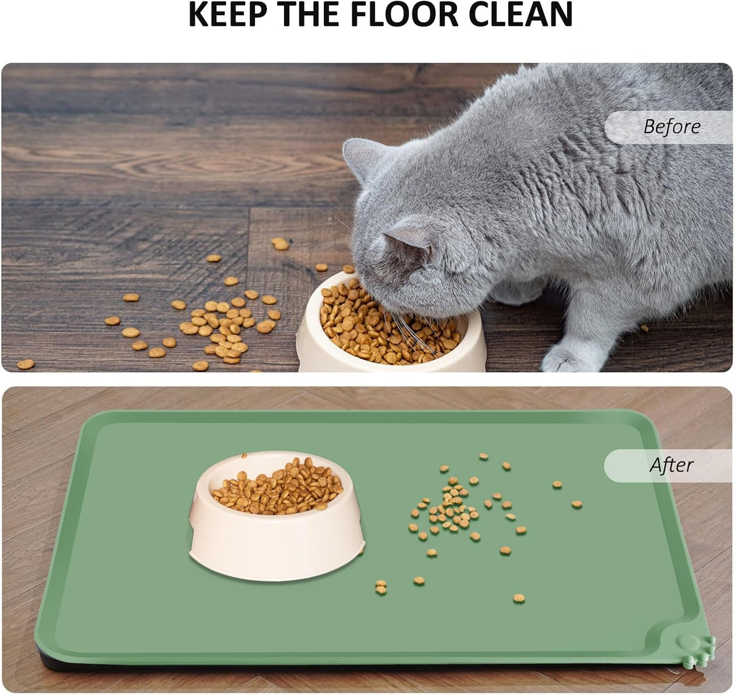 Silicone Food Mat for Dogs Cats，Thicker Waterproof Anti-Slip Pet Feeding Mats，Raised Edge, Spill-Proof Easy to Clean, Dishwasher Safe for Dog and Cat Bowls (Green, L) - Blue image number 5