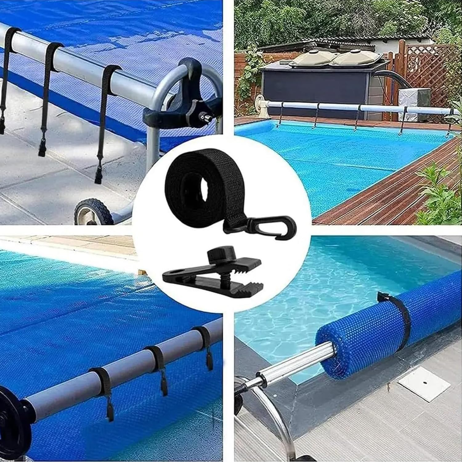 24 Pcs Pool Solar Cover Reel Attachment Kit, Inground Swimming Pool Solar Cover Straps and Clips, Solar Blanket Straps Kit Including 8 Straps with Hooks, 8 Clips and 8 Touch Fastener image number 3