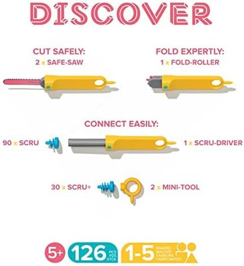 Makedo Discover | 126 Piece Cardboard Construction Toolbox for 1-5 Makers | STEM and STEAM Educational Toys for Kids | at Home Play + Classroom Learning | Reusable Tools for Boys and Girls Age 5+ image number 1