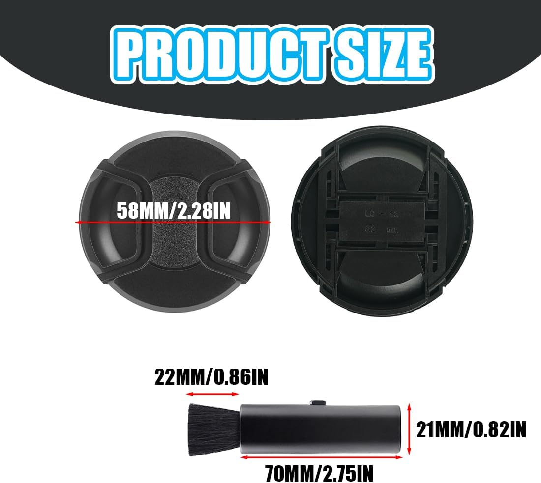 Lens Caps, 2 Pieces Front Lens Cap, Universal Lens Cap, Lens Cap Holder,With 1 X Lens Brush,Compatible Universal Lens Cap for Cameras with 58Mm Lens - Black image number 1
