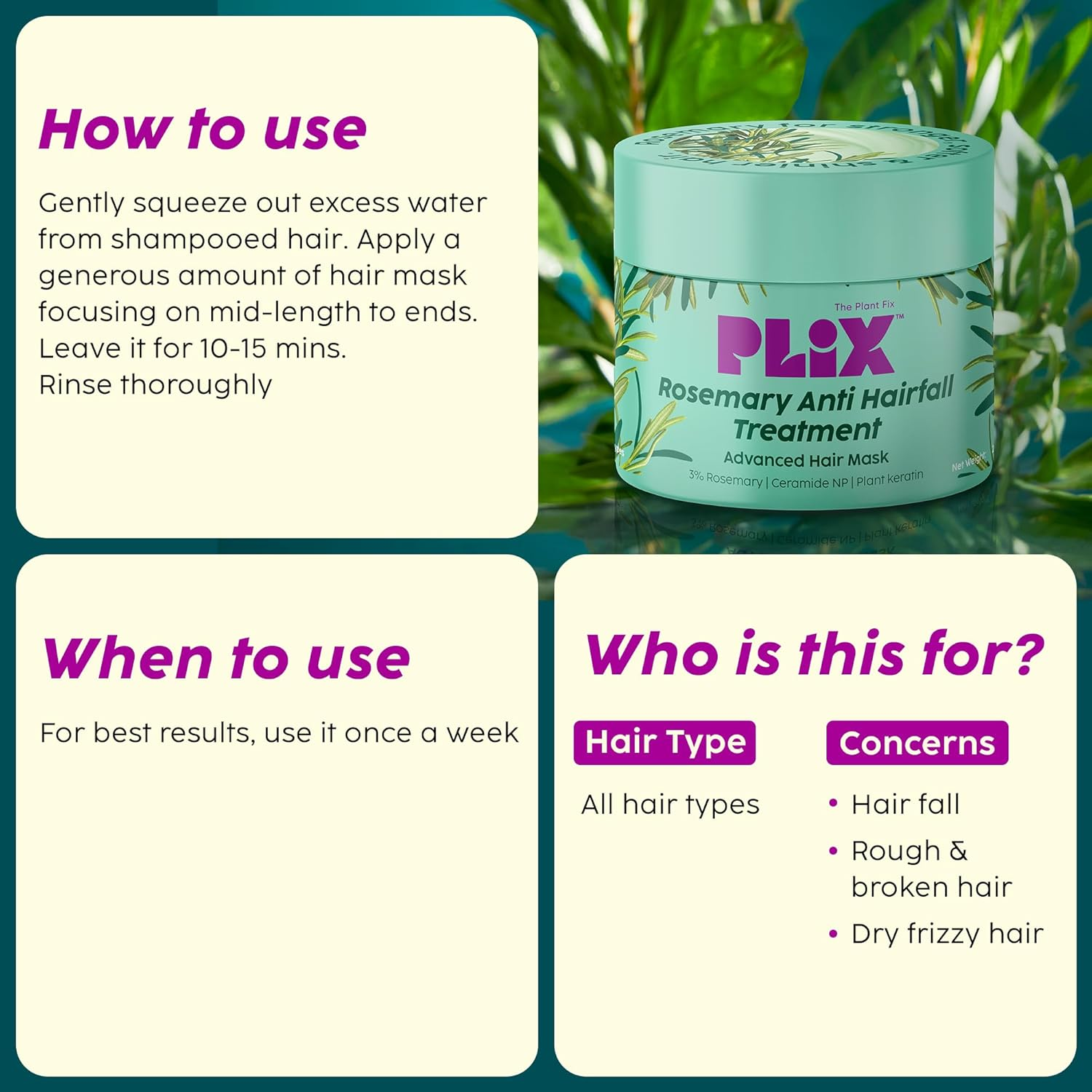 PLIX - the PLANT FIX Rosemary Anti-Hair Fall Treatment Advanced Hair Mask with 3% Rosemary Extract, Ceramides & Plant Keratin | Hair Mask for Hair Fall Control | for Women & Men| 200G image number 1