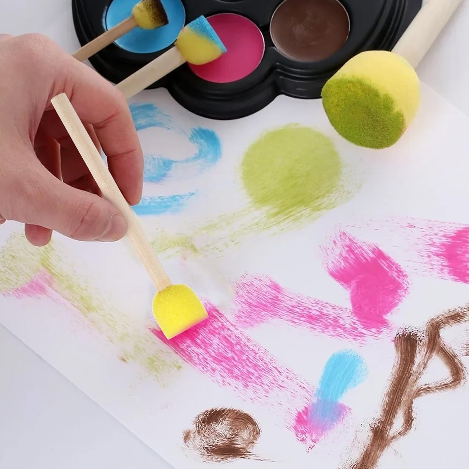 Round Painting Sponge Brush, 30Pcs Yellow round Sponges Brushes Wooden Handle round Foam Brushes,Round Wooden Handle Sponge Foam Brush Yellow Sponge Brush,Round Foam Brush Sponge Brushes for Painting image number 2