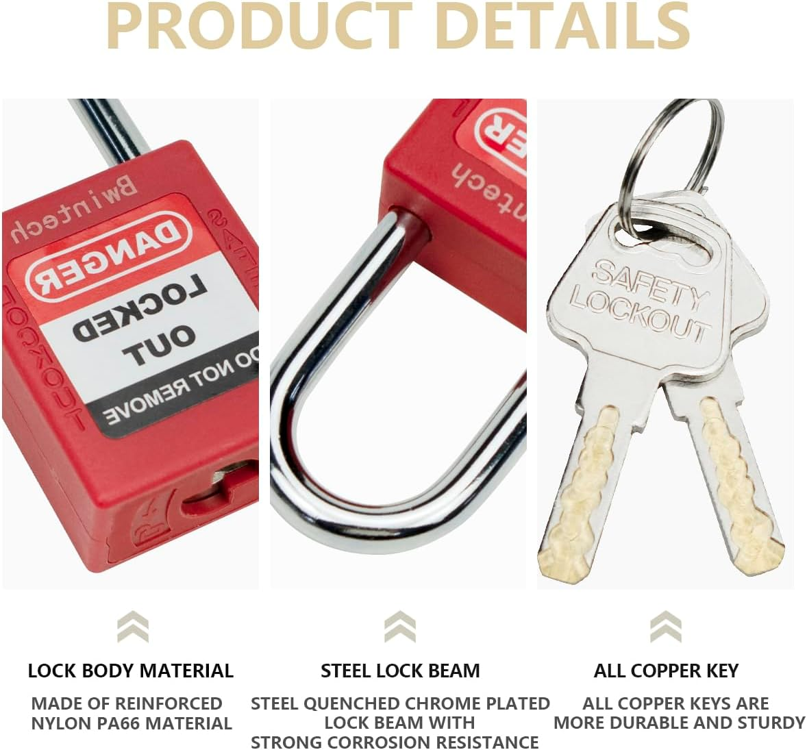 Bwintech 5 Piece 38MM Different Red Safety Padlock Set with Key with Circuit Breaker Safety Lock Padlock Loto Tag Safety Padlock Meets the Requirements of the Industrial Electrical Lockout Tagout Kit image number 2