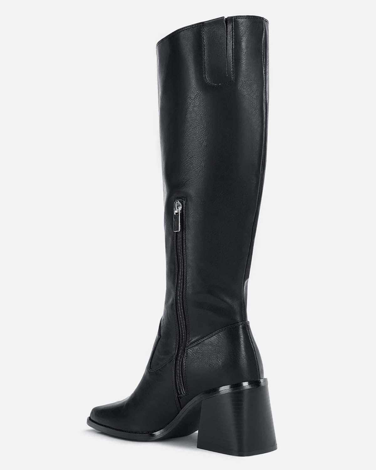 Coutgo Women'S Knee High Boots Wide Calf Square Toe Chunky Heeled Pull-On Leather Boots