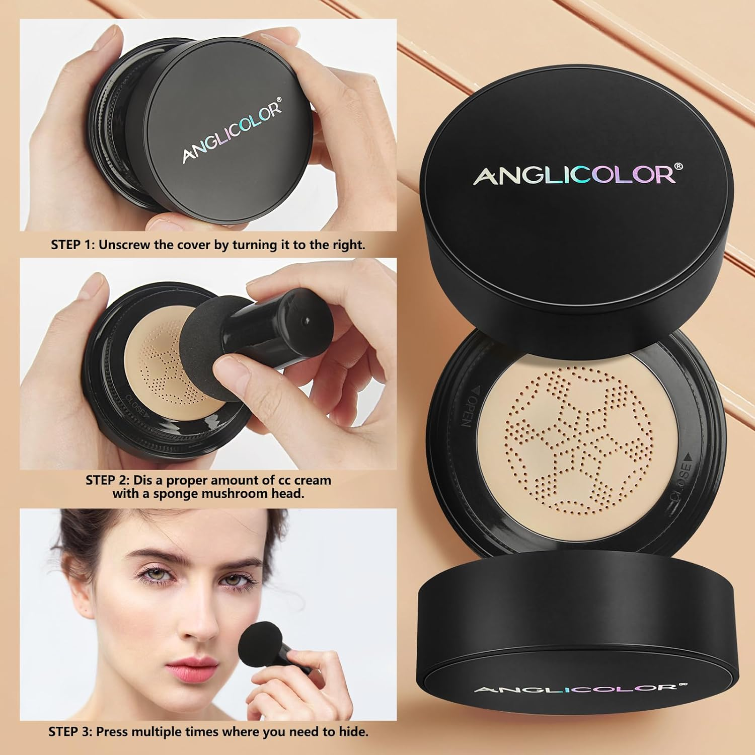 Anglicolor Mushroom Head Air Cushion CC Cream,Full Coverage Concealer,Face Makeup Foundation Long Lasting,Cc Cream Makeup Base Primer Even Skin Tone (#01 Porcelain, 30Ml) image number 6