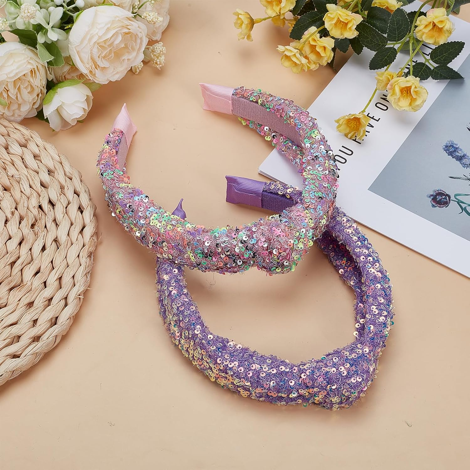 NICENEEDED Pack of 2 Sequin Headband with Knot for Women Sparkling Knotted Wide Hair Bands Glittering Fashionable Iridescent Headbands Hair Accessories for Parties image number 2