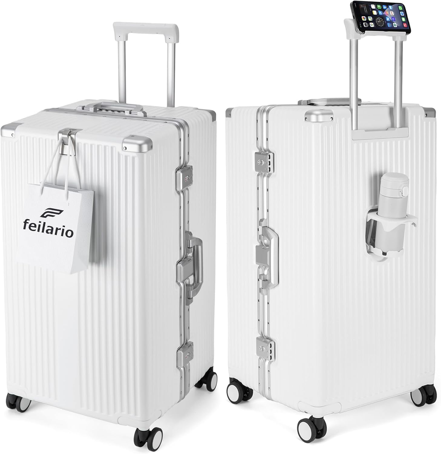 Feilario Aluminum Frame Hardside Spinner Wheels Luggage, Zipperless Checked Super Large Captain Suitcase with Cup Holder/Phone Holder, A-White, 30In, DF-1931
