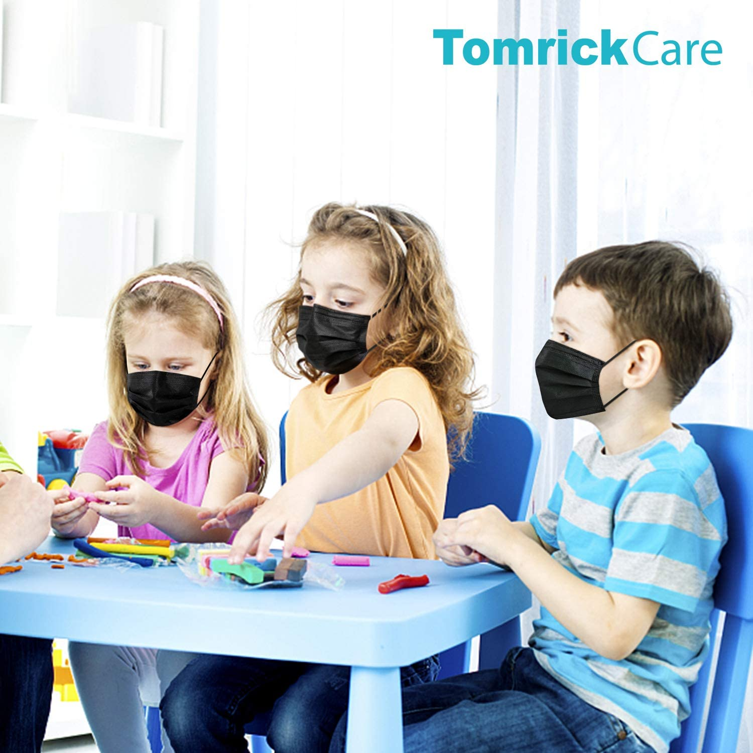 50PCS Individually Wrapped Black Disposable Face Mask for Kids, 3 Ply Face Mask Melt-Blown Fabric Protective Masks (50Pcs, Black) image number 3