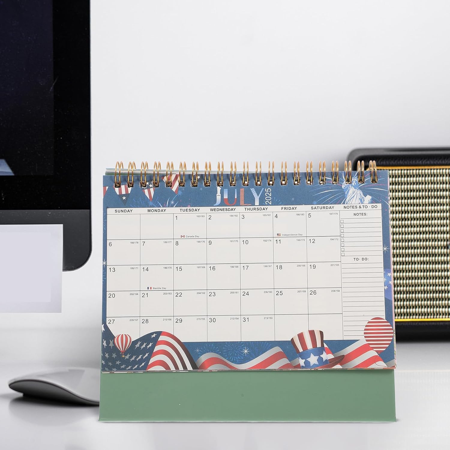 Tofficu Desk Calendar 2025 Green Paper Flip Calendar with Decorative Stickers Desk Stand Small Calendar Cute Desk Decor Aesthetic Chinese Lunar Year Monthly Planner Calendar for Office Home image number 5