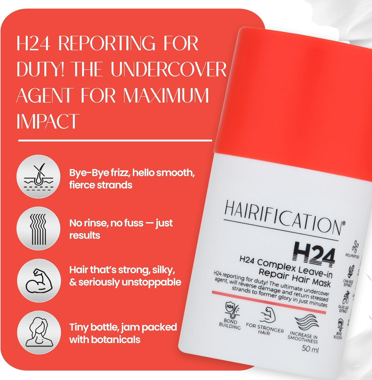 Hairification H24 Leave-In Repair Hair Mask for Women, Leave-In Conditioning Treatment for Damaged, Dry or Chemically Treated Hair, Helps Protect from Heat Damage for Soft and Smooth Hair - 50Ml image number 4