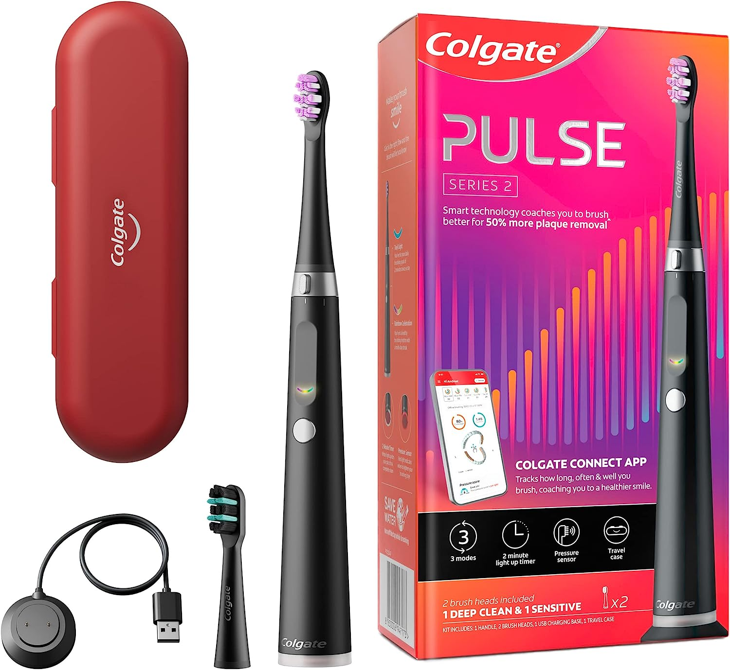 Colgate Pulse Connected Series 2 Deep Clean and Sensitive Electric Toothbrush, 1 Pack with 2 Refill Heads, Plaque Removal image number 2