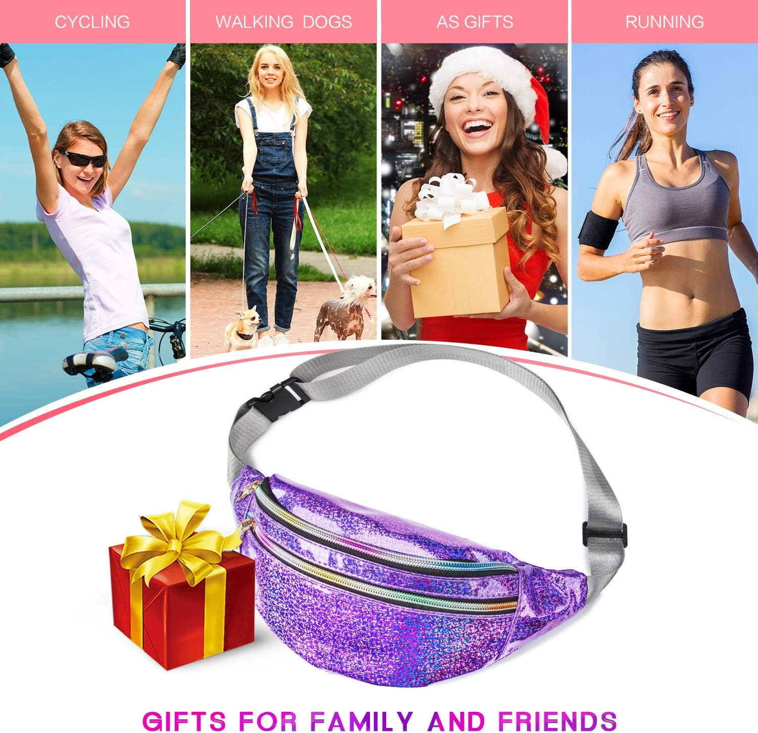 Fanny Pack Belt, Holographic Fanny Packs for Women, Men & Kids - Fashion Waterproof Waist Pack with 3 Pouches & Adjustable Strap - Shiny Causal Bags - Cute Bum Bag - Hip Sacks for Travel image number 1