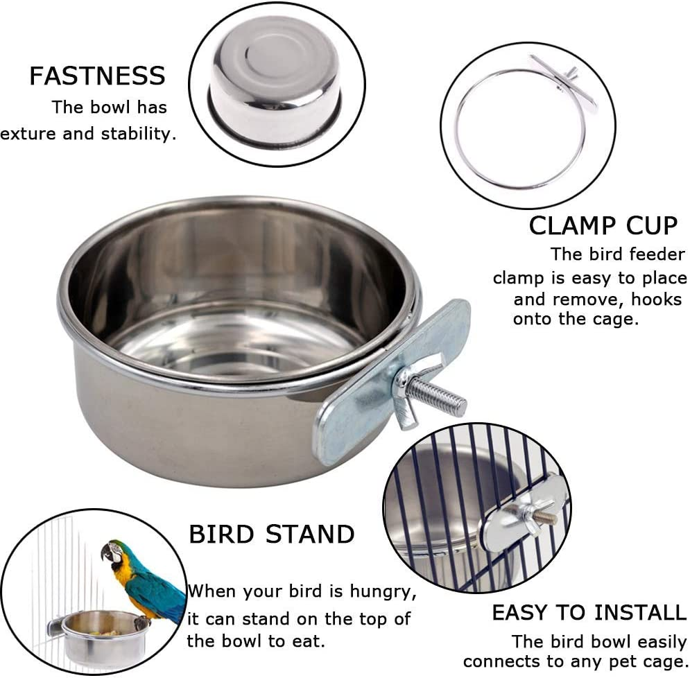 Tfwadmx 2 Pack Bird Feeding Dish Cups, Parrot Food Bowl Clamp Holder - Stainless Steel Coop Cup, Bird Cage Water Bowl for Parakeet African Greys Conure Cockatiels Lovebird Budgie Chinchilla - Silver image number 5