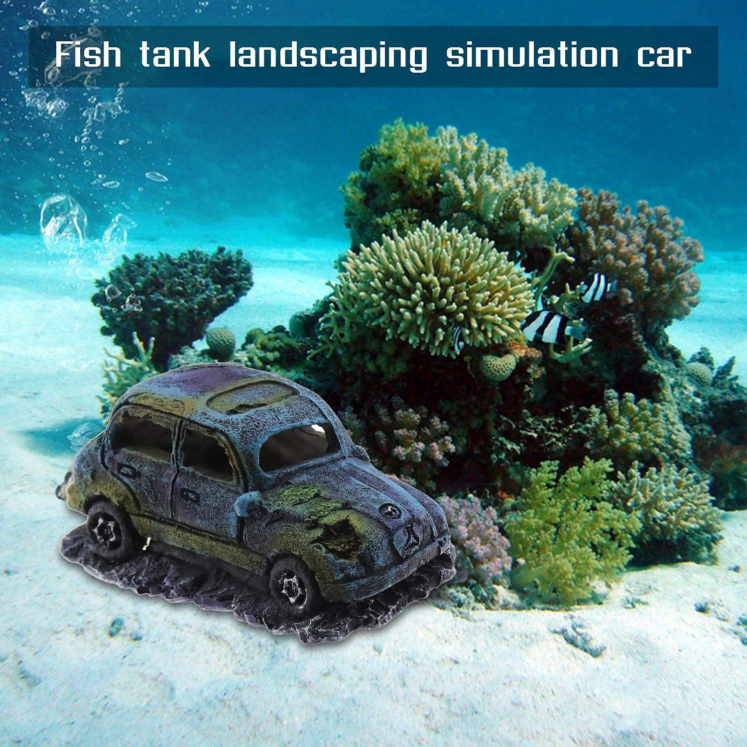 Create Idea Aquarium Fish Tank Decor Ornament Resin Imitation Accident Car Landscape Terrarium Home Interior Decorating Accessories 12X7X7Cm Blue image number 6