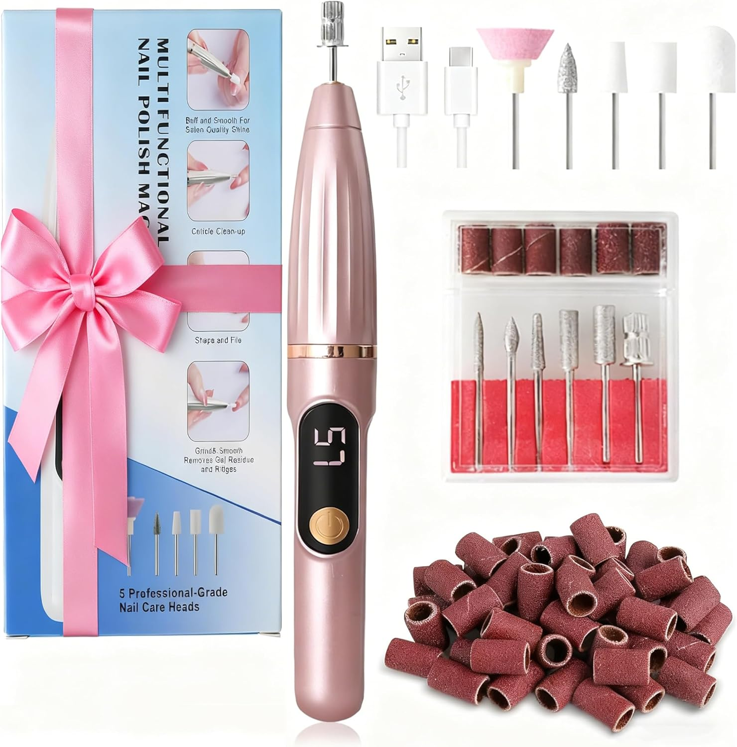 Cordless Nail Dril - Portable Electric Nail File with 11 Nail Bits, 32 Sanding Bands,Rechargable 15000RPM Nail Efile Drill Machine Kit,Manicure Pedicure Tool for Home Salon Use image number 4