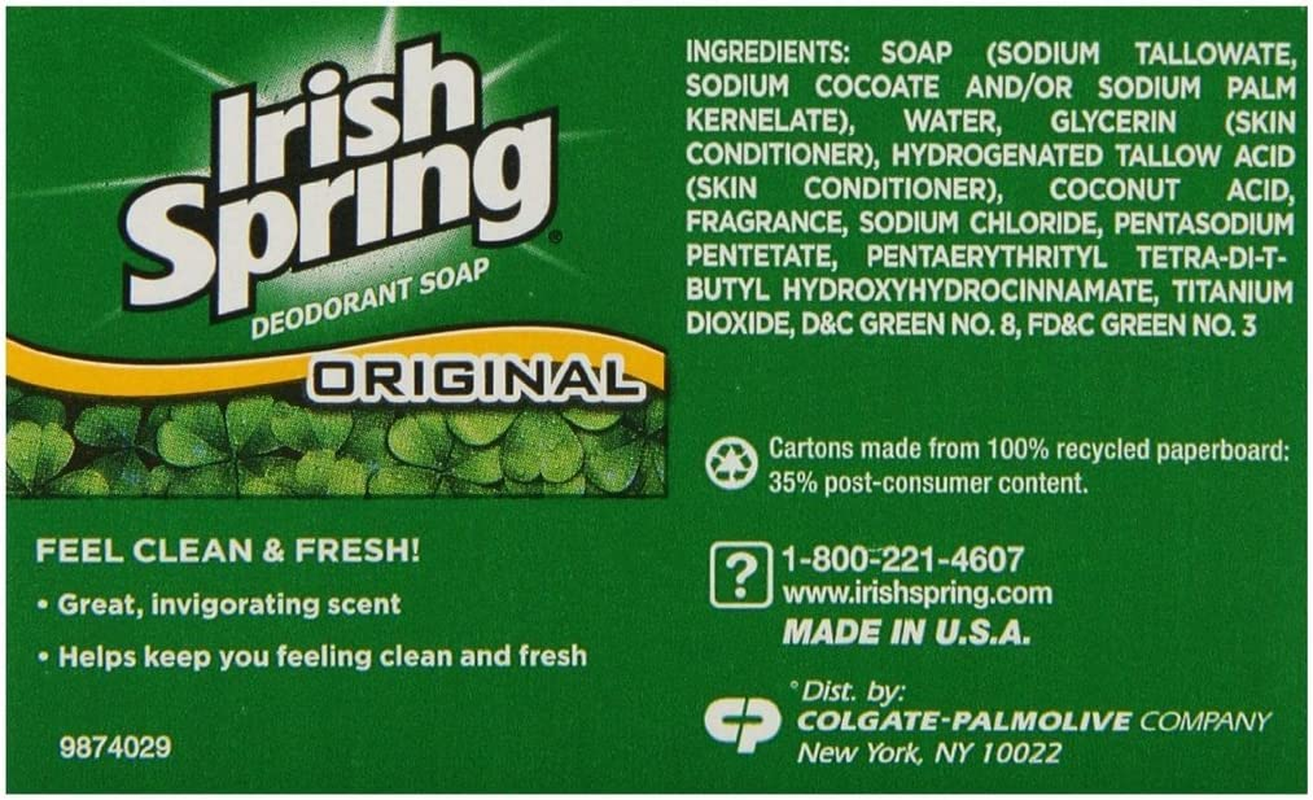Irish Spring (Pack of 3 Bars) Original Scent Bar Soap for Men& Women. 12-Hour Odor/Deodorant Protection! for Healthy Feeling Skin. Great for Hands, Face & Body! (3 Bars, 3.75Oz Each Bar)