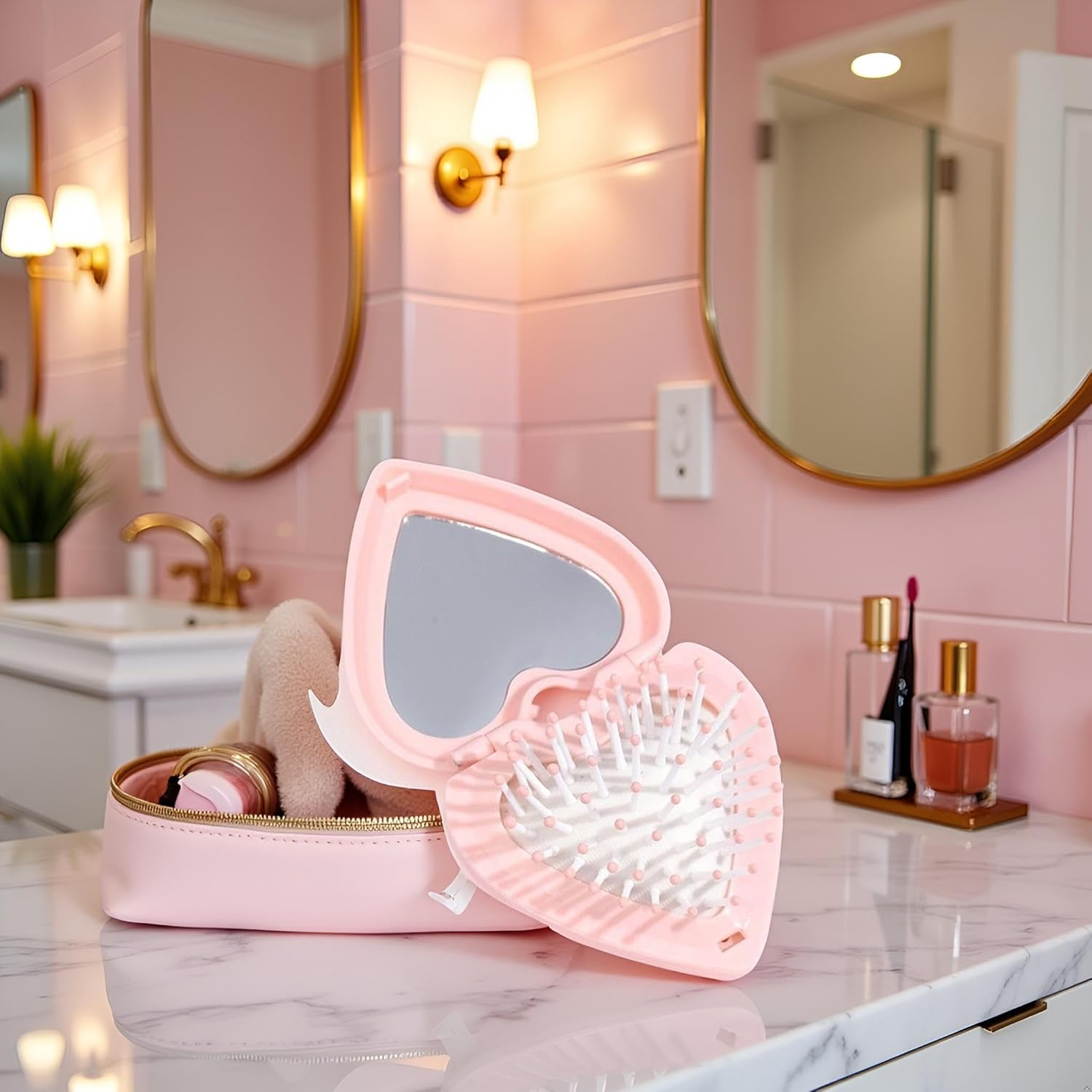 Heart Shape Mini Hair Brush for Purse Travel Folding Pocket Mirror Foldable Comb Women Girl (Pink) - Blue image number 7