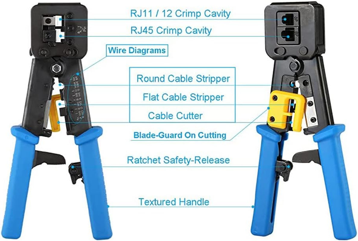 RJ45 Crimping Tool Ethernet Crimper for Cat6 Cat5 Cat5E RJ45 Pass through Connectors and R11/RJ12 Regular Ends with 50Pcs Connectors, 50Pcs Covers and Mini Wire Stripper (Crimper Only) image number 2