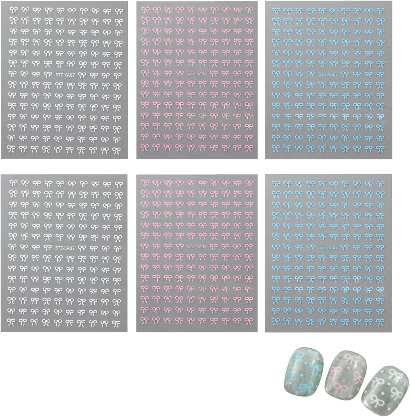 6 Sheets Bow Shaped Design Nail Art Stickers 3D Self-Adhesive Designer Nail Decals Colorful Cute Kawaii Bow Style Nail Decoration DIY Manicure Tips for Women Girls (3 Mixed Colors) image number 6