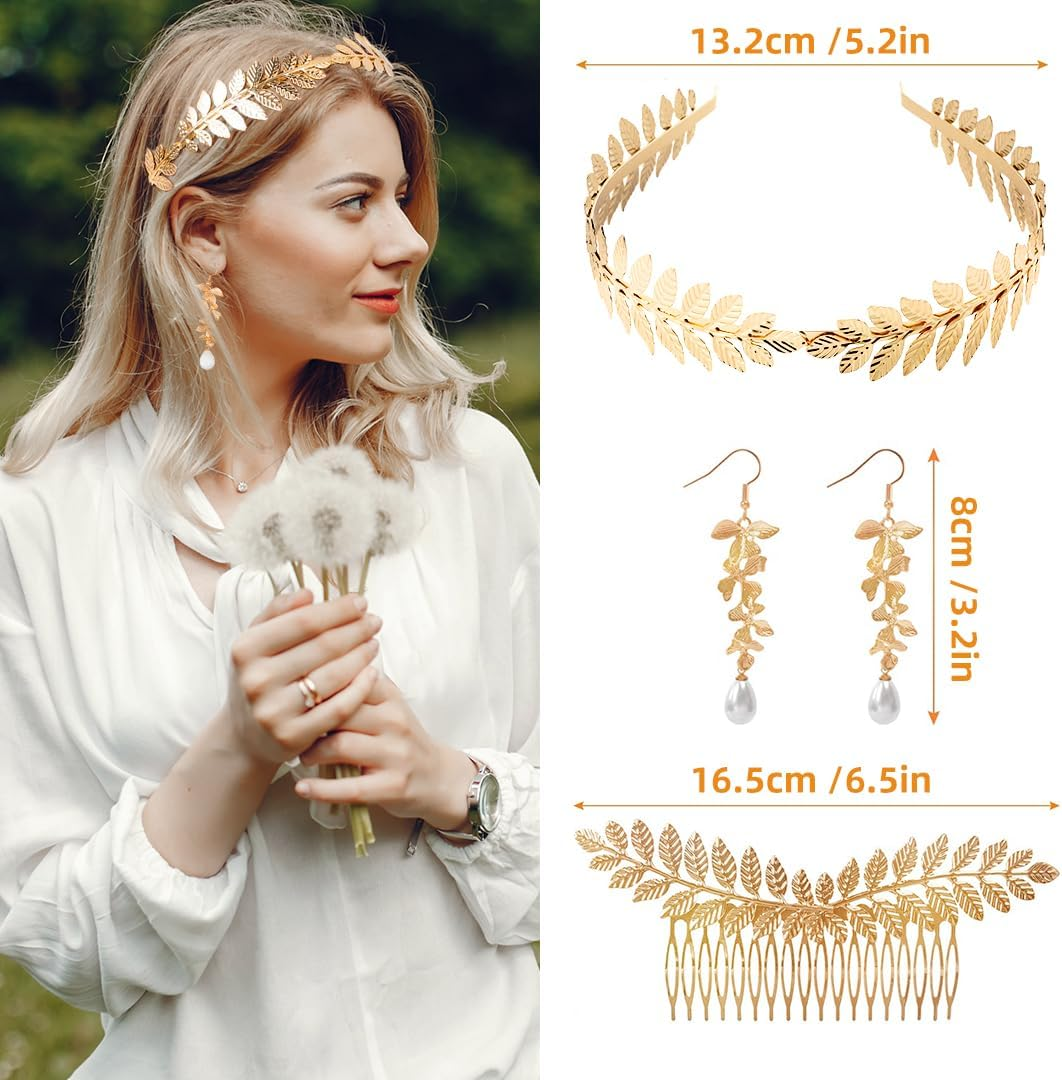 Laurel Wreath Headband Headdress Gold Set, Greek Goddess Golden Jewellery Costume Accessories Women, Golden Crown Headband Leaf Spool Upper Bangle Bracelet Earrings Metal Hair Accessories image number 4