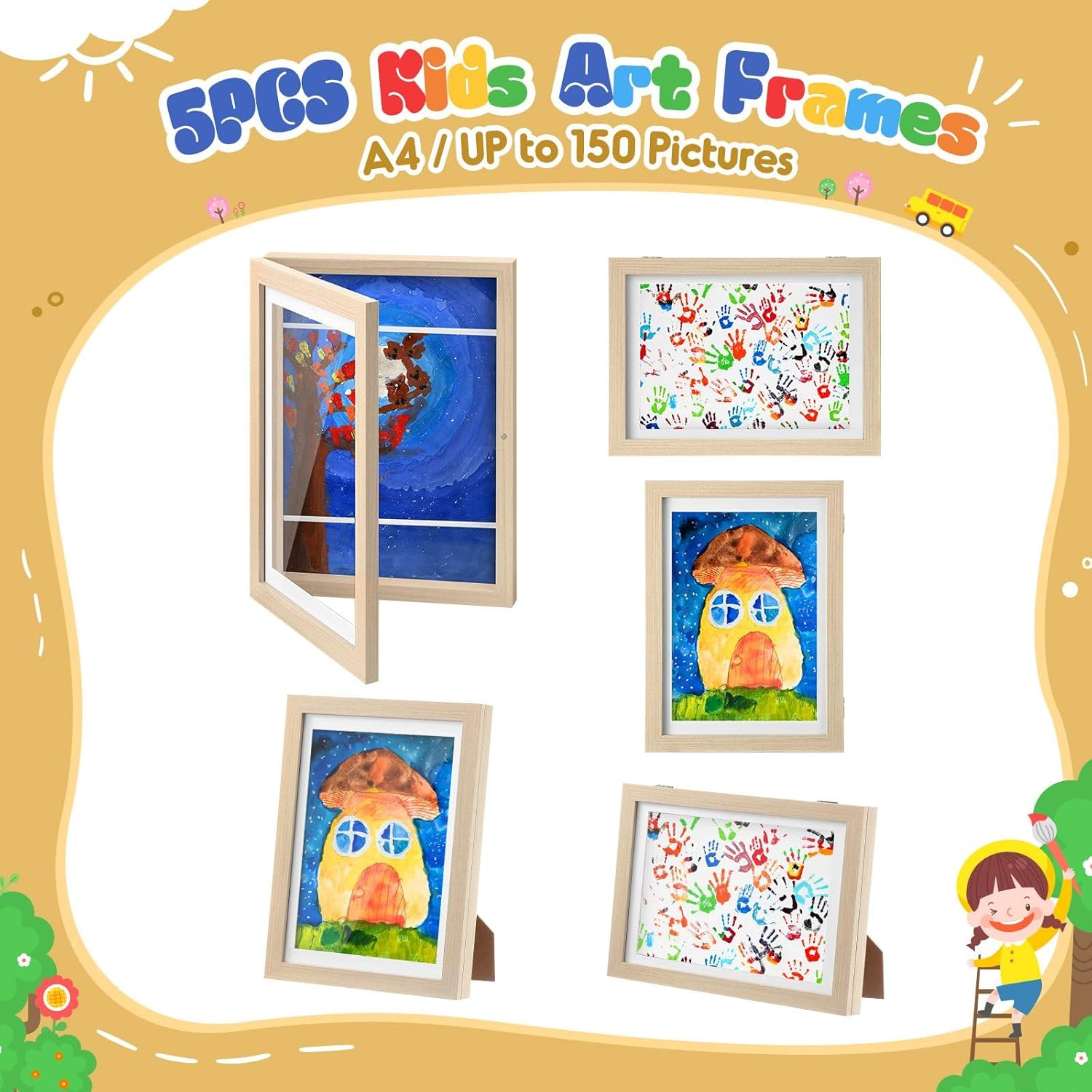 5Pcs Art Frames Kids Craft Artwork Projects Drawings Display Family Photo Storage A4 150 Pictures Portrait Canvas Children Wall Tabletop Decor Wooden image number 5