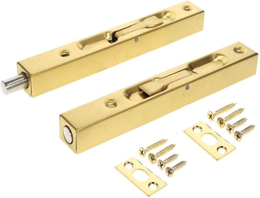 2 Pcs 8 Inch Door Bolts - Stainless Steel Concealed Security French Door Locks with Hardwares, Metal Flush Latch Bolts for Composite Wood Double Dummy Door, Gold