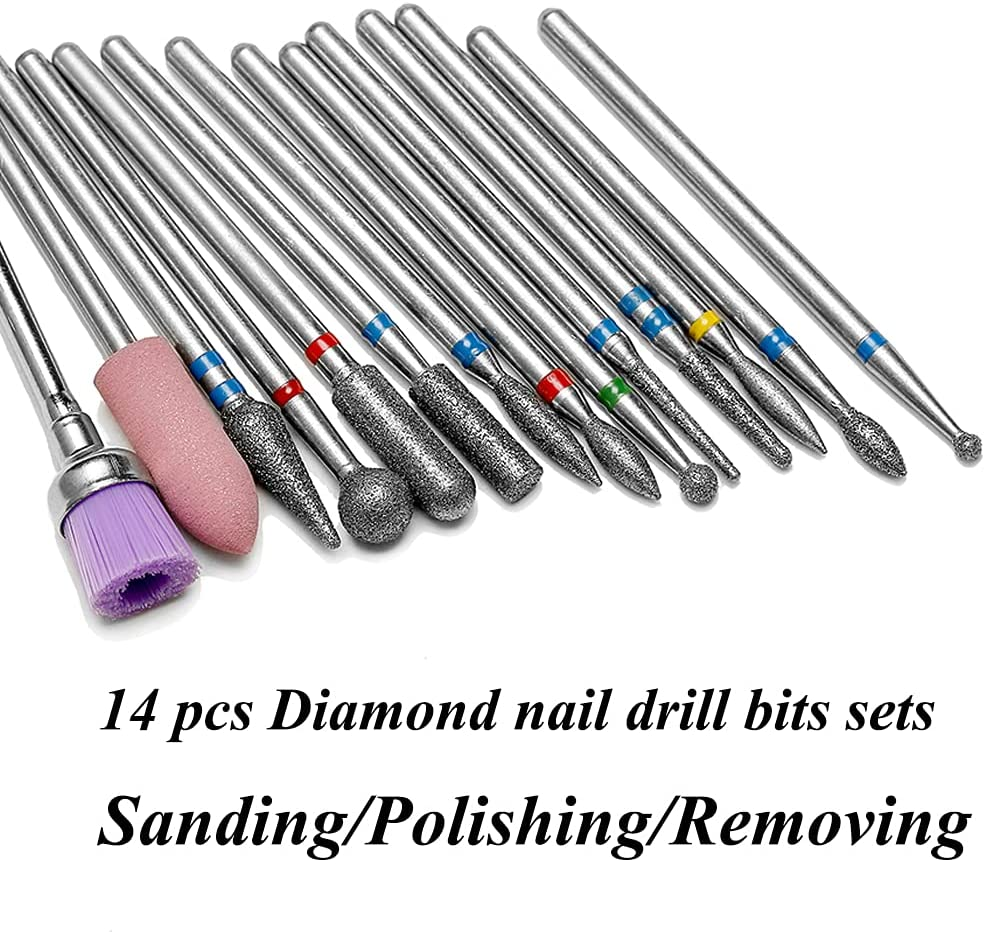 ERUIKA 14Pcs Nail Drill Bits Set, Professional Rotary Burrs Diamond Cuticle Remover Bits Kit, 3/32" Electric Manicure Nail File Bit for Acrylic Gel Nails Cuticle Manicure image number 1