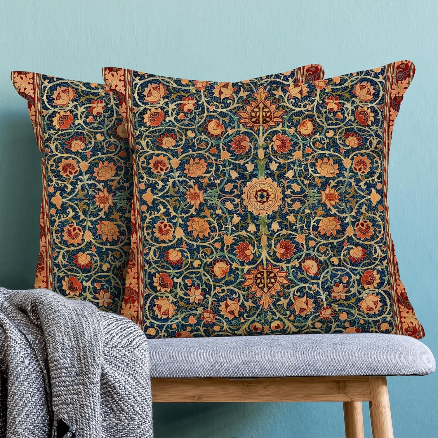 Boho Floral Pillow Covers 18X18 Set of 2, William Morris Flower Pattern Design Decorative Throw Pillows Bohemian Vintage Farmhouse Cushion Pillow Covers for Sofa Couch Bed Outdoor Decor image number 3
