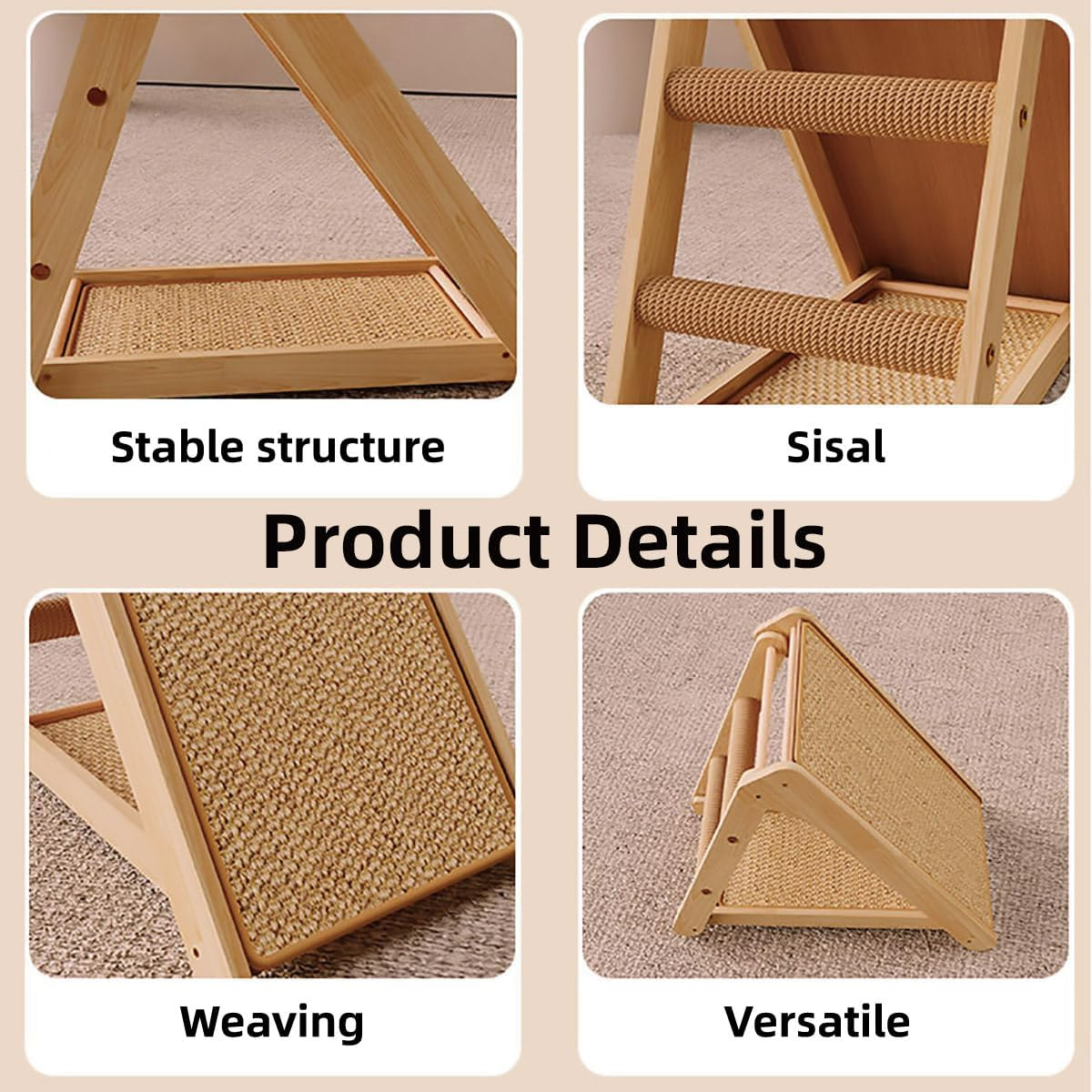 AIMALL Wooden Cat Scratching Board with Sisal Pad, 19.3X10.2X17.7In Wear-Resistant Cat Climbing Frame and Nest, Space-Saving Natural Wood Colour Interactive Cat Toy for Indoor Cats image number 1