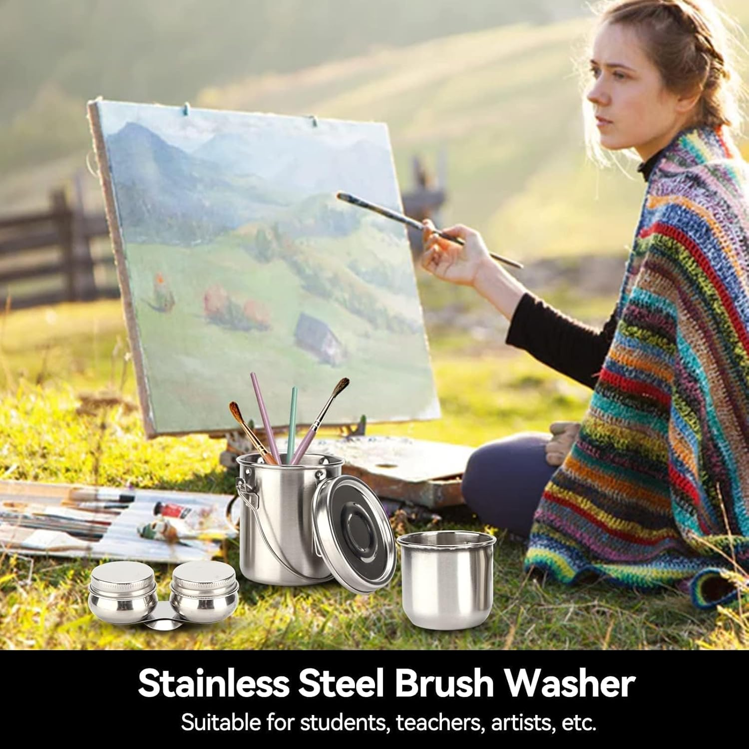 Beufee Stainless Steel Paint Brush Washer, Portable Paint Brush Cleaner with Lid and Filter for Oil Painting Watercolor image number 1