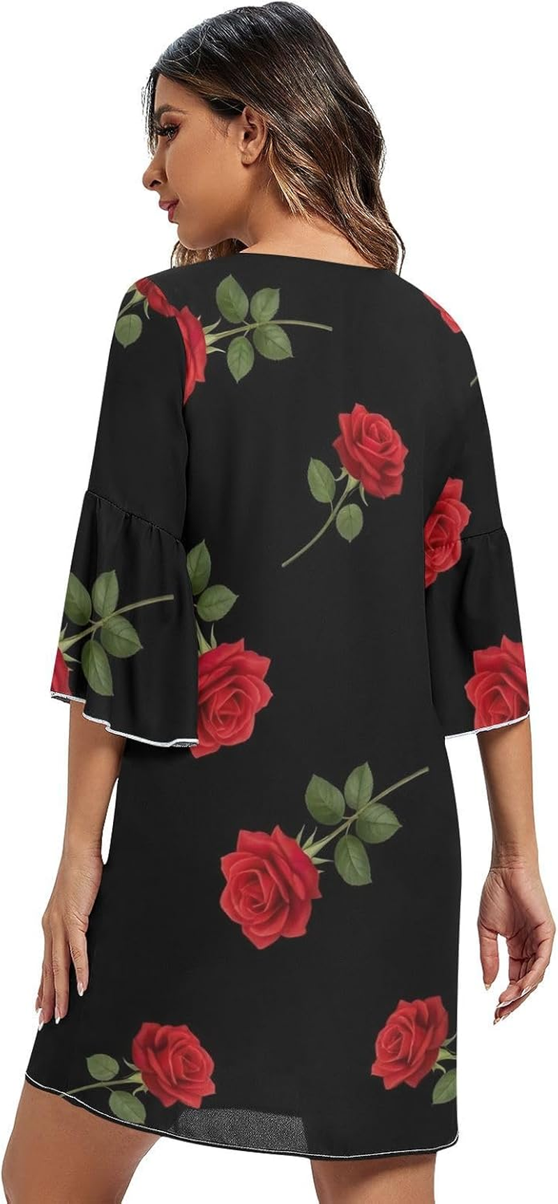 Red Roses Green Leaves Black Western a Line Dress Printed Line Maternity Dress image number 2