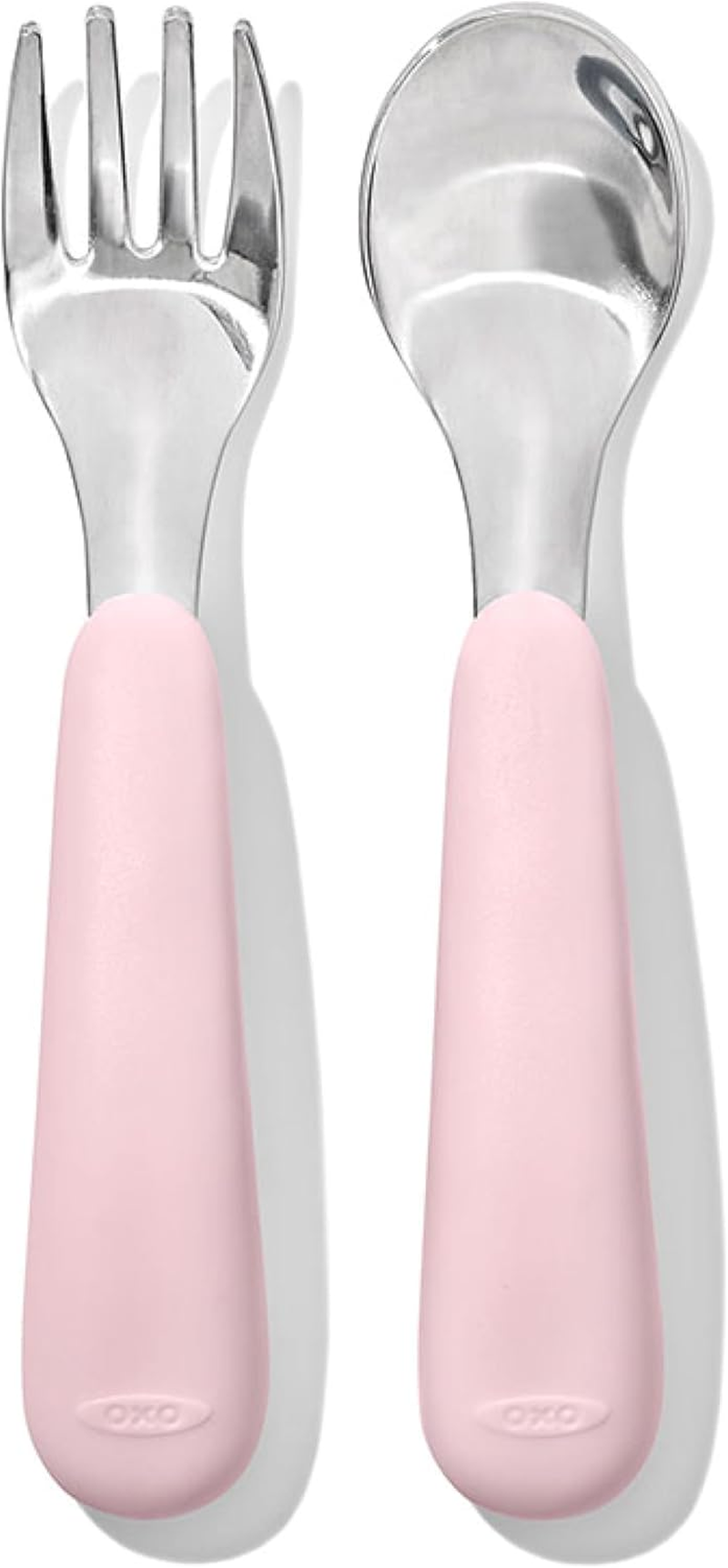 OXO Tot Toddler Fork and Spoon Set, Blossom - Stainless Steel Kids Cutlery with Soft Non-Slip Handles - Ergonomic Self Feeding Utensils for Babies & Toddlers - Dishwasher Safe