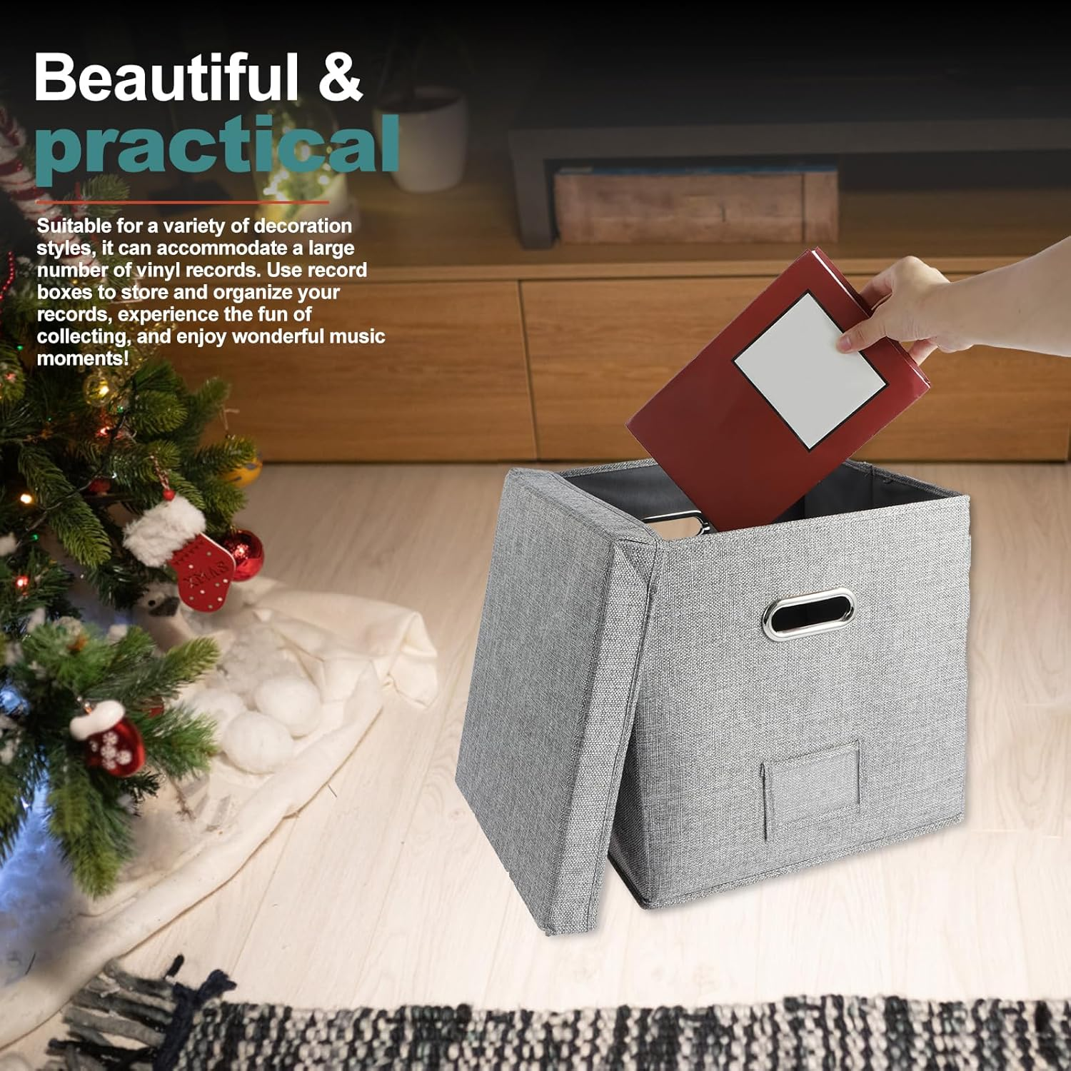 Vinyl Record Storage Box with Lid Stackable Album Storage Organizer Can Hold 50 Albums Record Storage Album Display for Photo Album Storage Birthday New Year Anniversary 33&times;33&times;33Cm image number 3